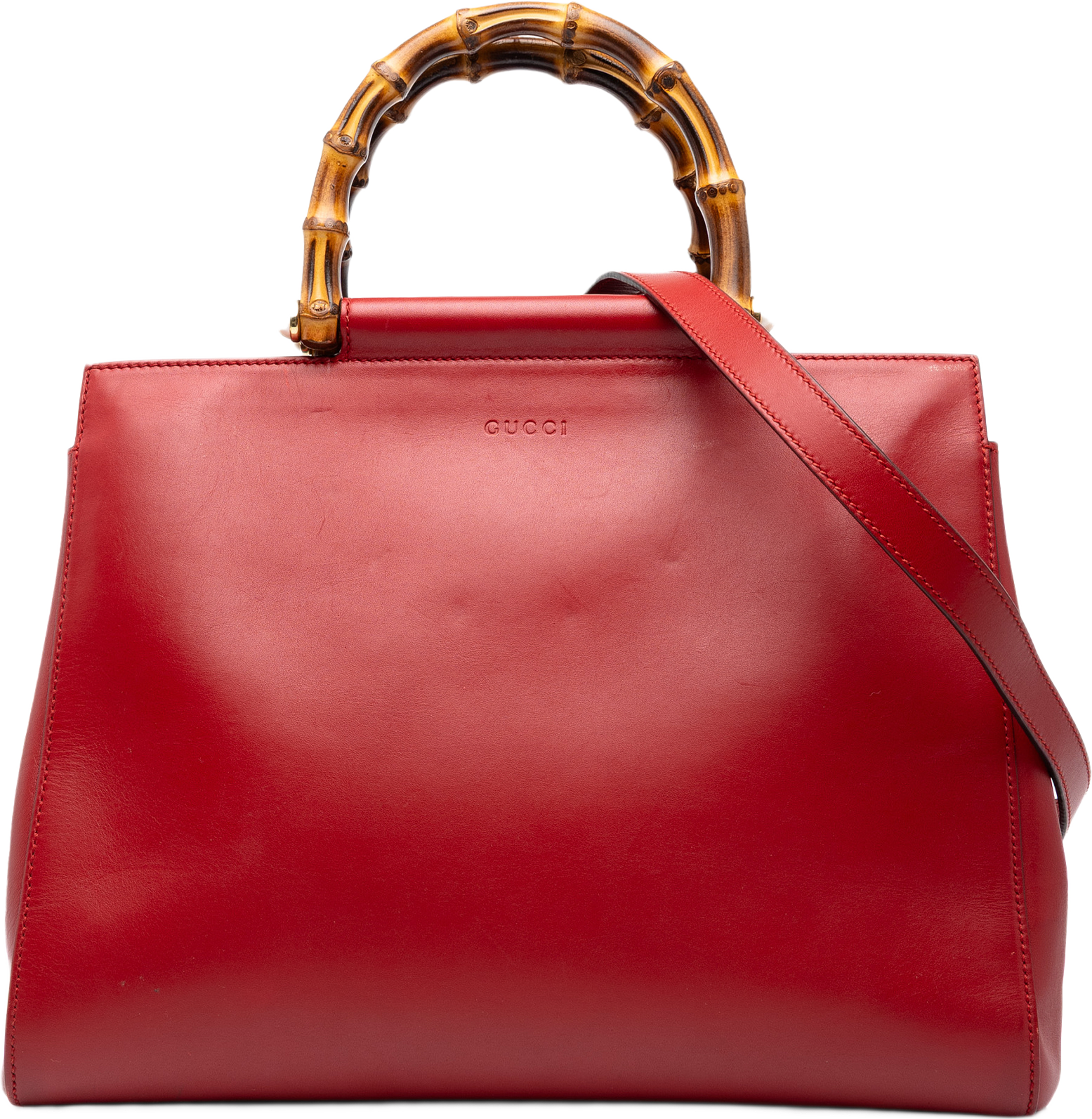 Gucci Medium Calfskin Bamboo Nymphaea Satchel, från Luxclusif, i färgen röd. Klicka för att öppna bilden i stort format