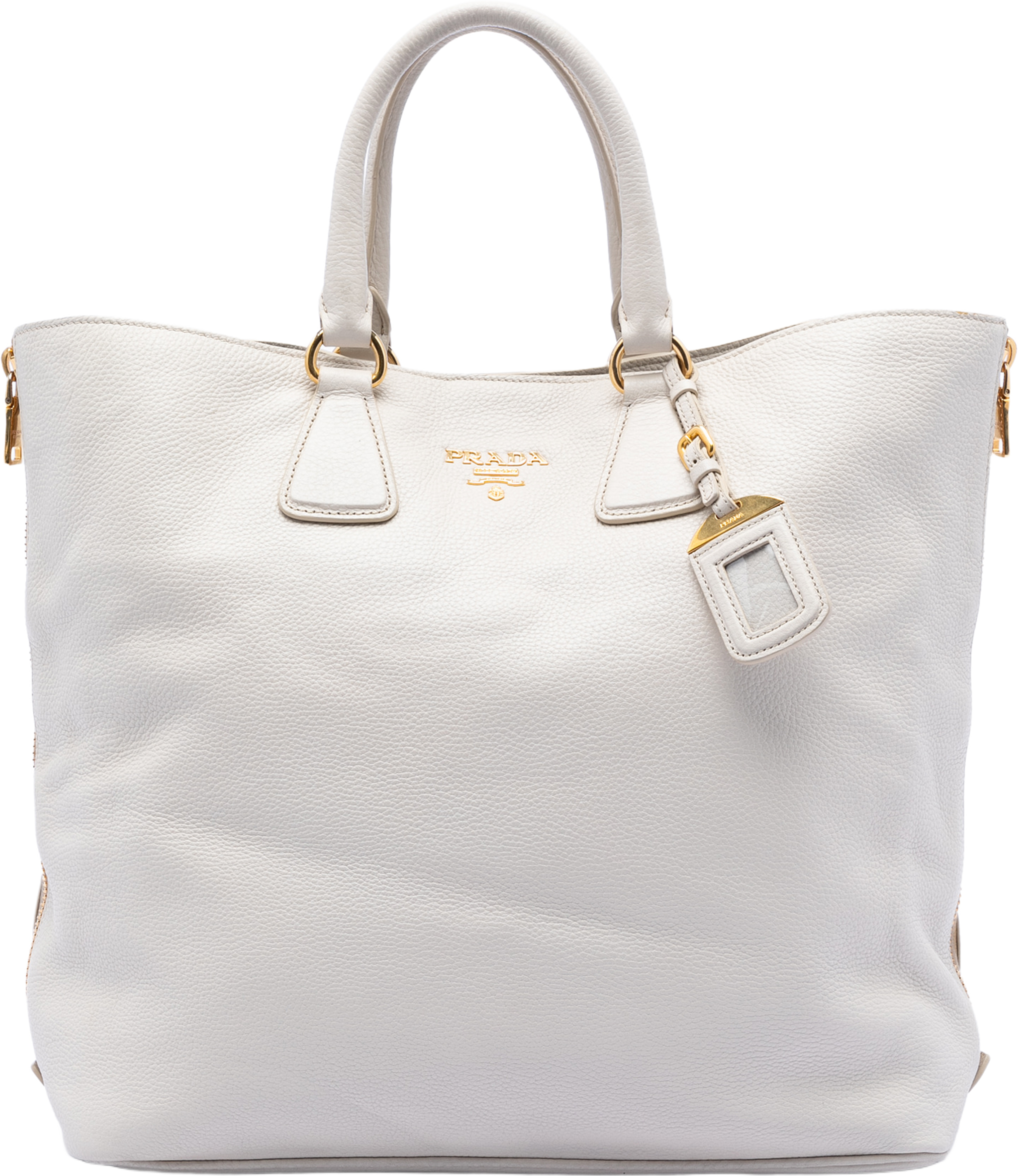 Prada Vitello Daino Side Zip Open Convertible Tote, från Luxclusif, i färgen white. Klicka för att öppna bilden i stort format