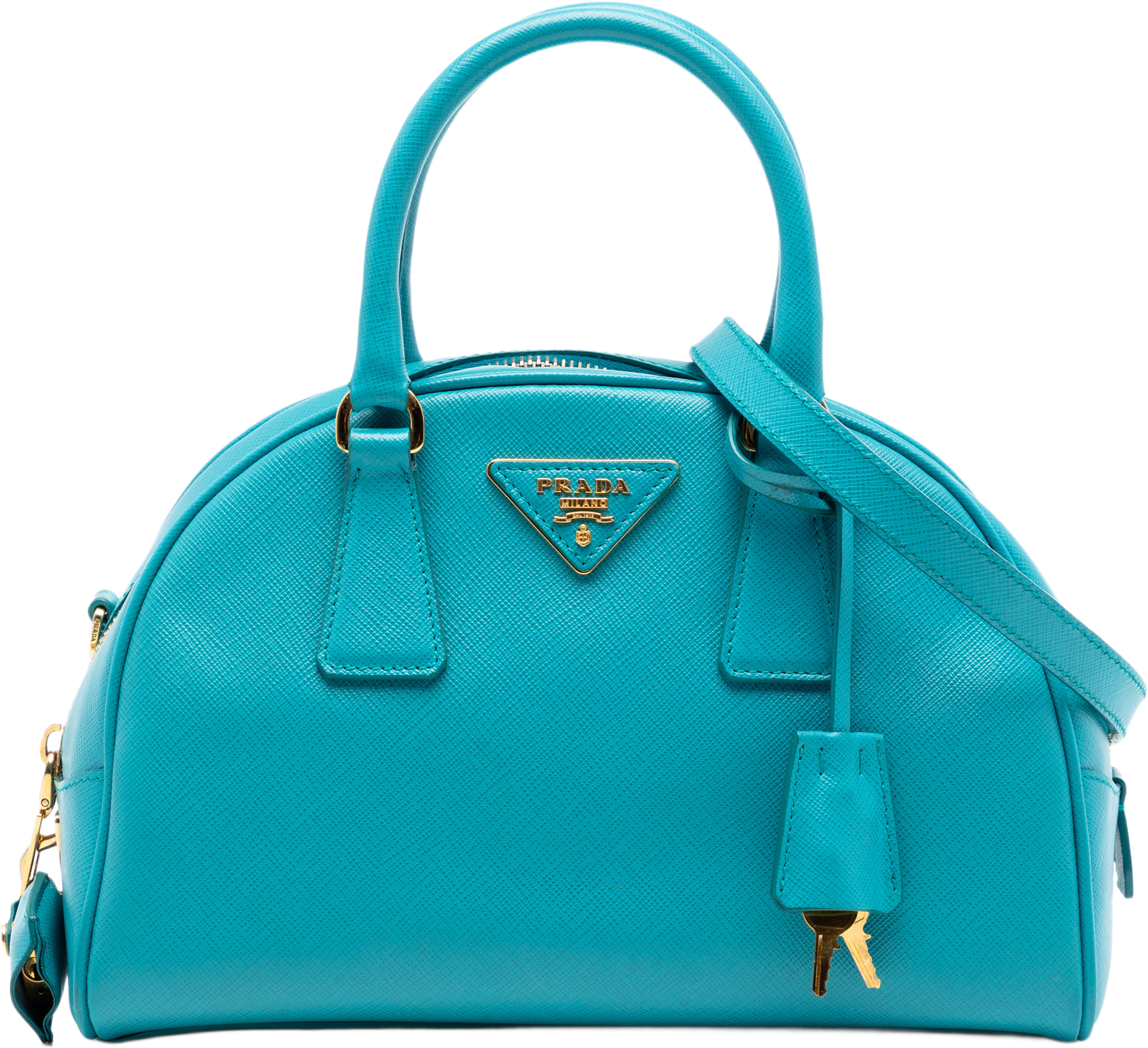Prada Saffiano Lux Bowling Bag, från Luxclusif, i färgen aqua. Klicka för att öppna bilden i stort format