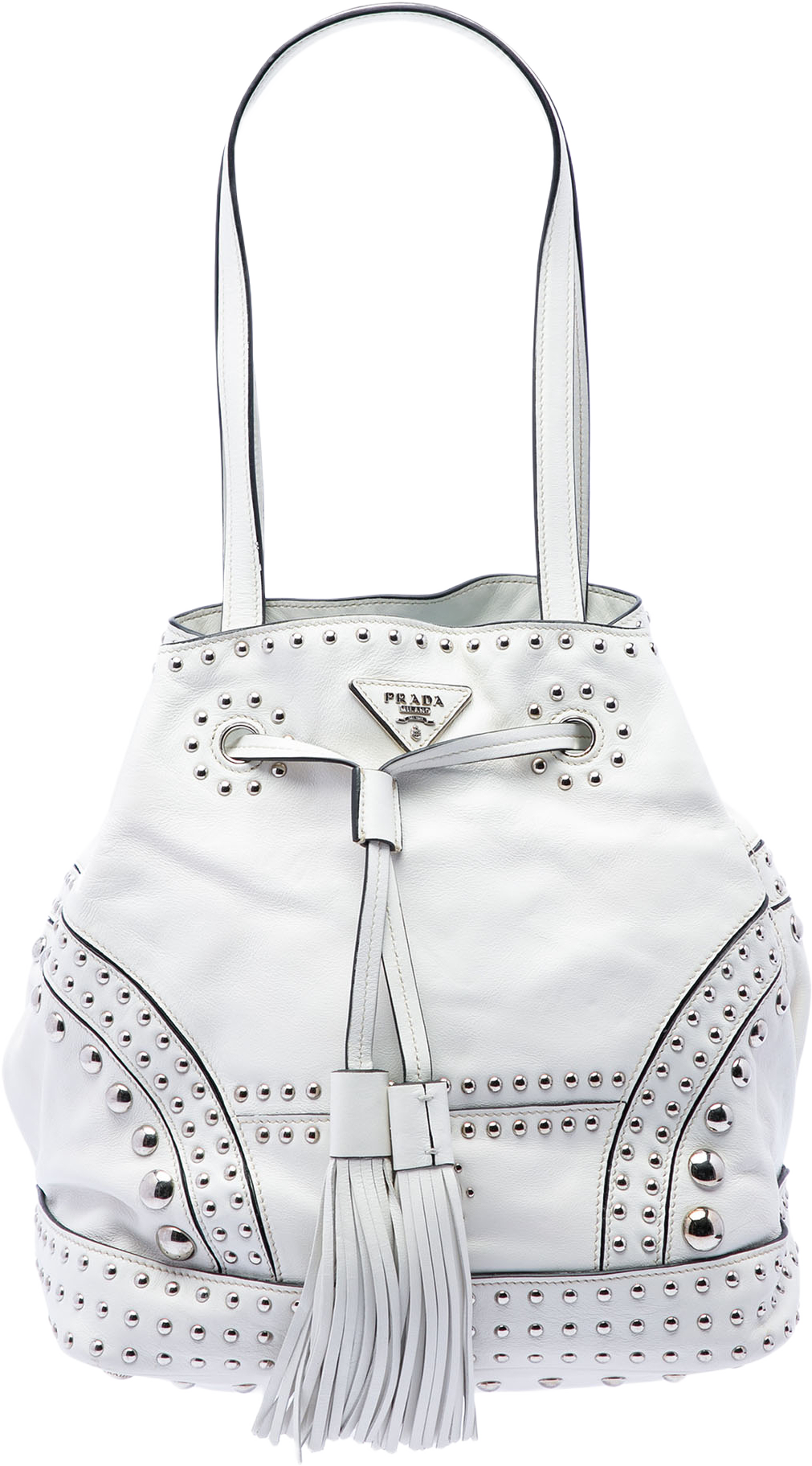 Prada Soft Calf Studded Bucket Bag, från Luxclusif, i färgen vit. Klicka för att öppna bilden i stort format
