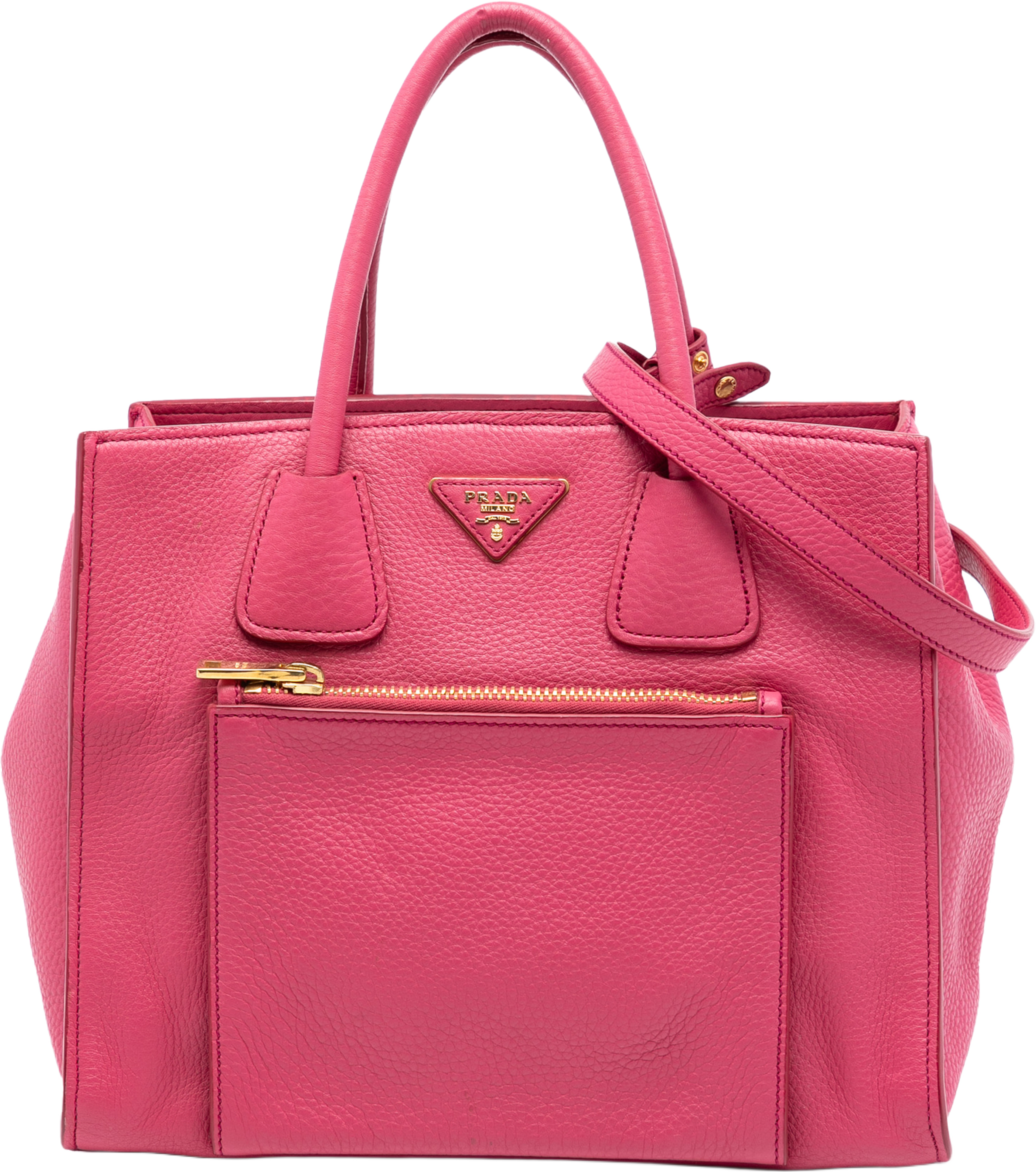 Prada Vitello Daino Front Pocket Open Convertible Tote, från Luxclusif, i färgen hot pink. Klicka för att öppna bilden i stort format