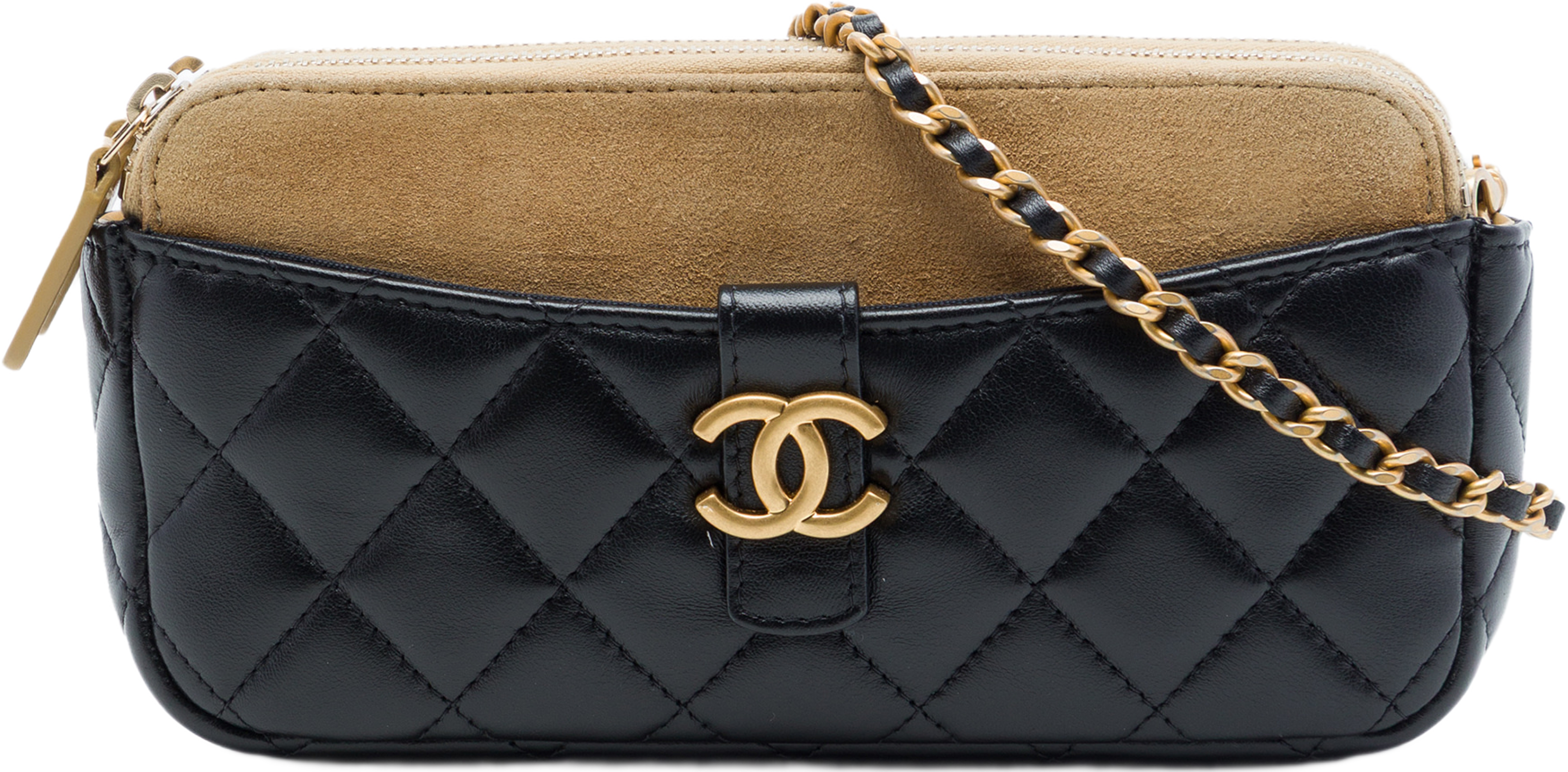 Chanel Cc Quilted Lambskin And Suede Double Zip Phone Holder With Chain, från Luxclusif, i färgen brun. Klicka för att öppna bilden i stort format
