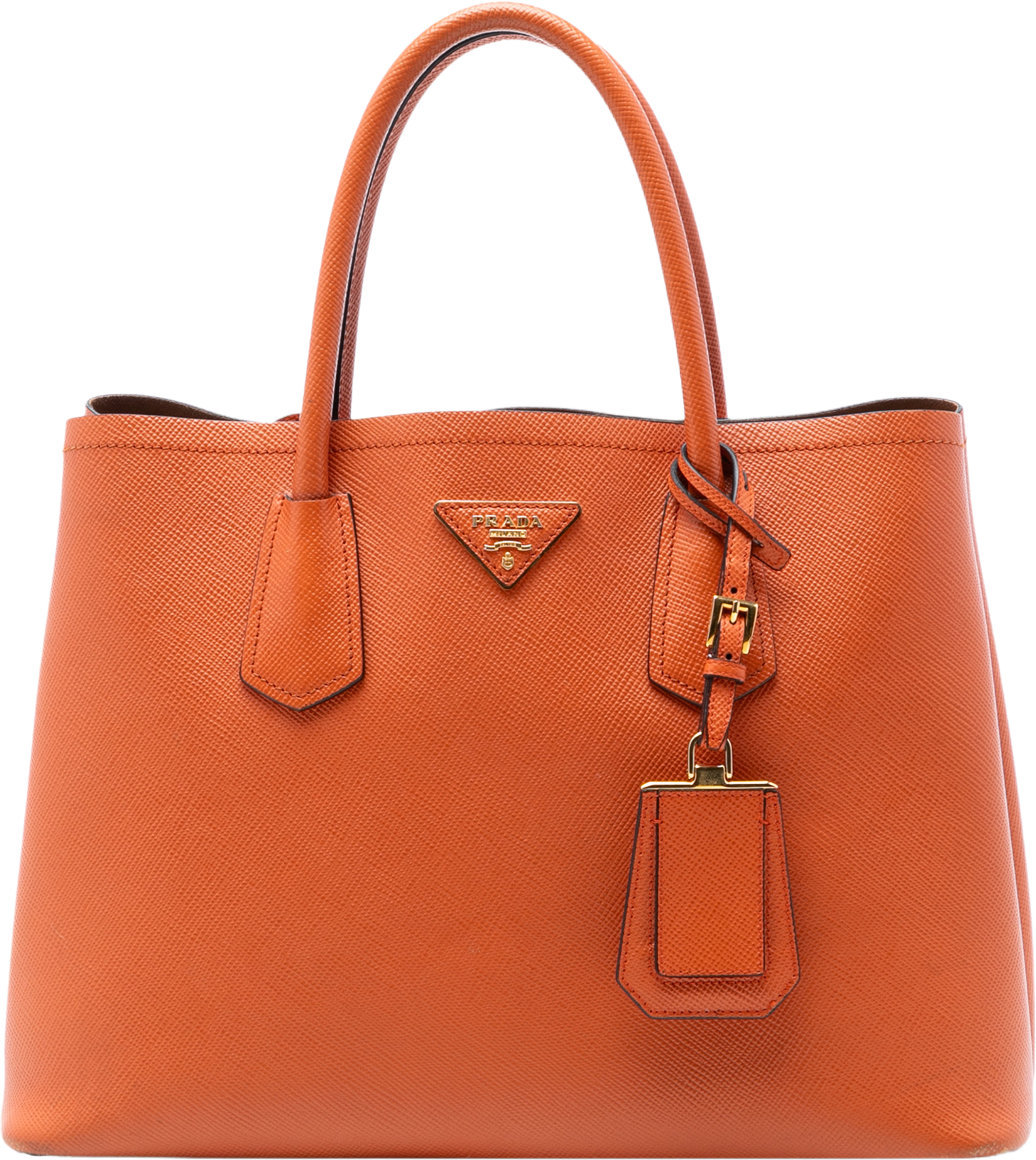 Prada Medium Saffiano Cuir Double Handle Satchel, från Luxclusif, i färgen orange. Klicka för att öppna bilden i stort format
