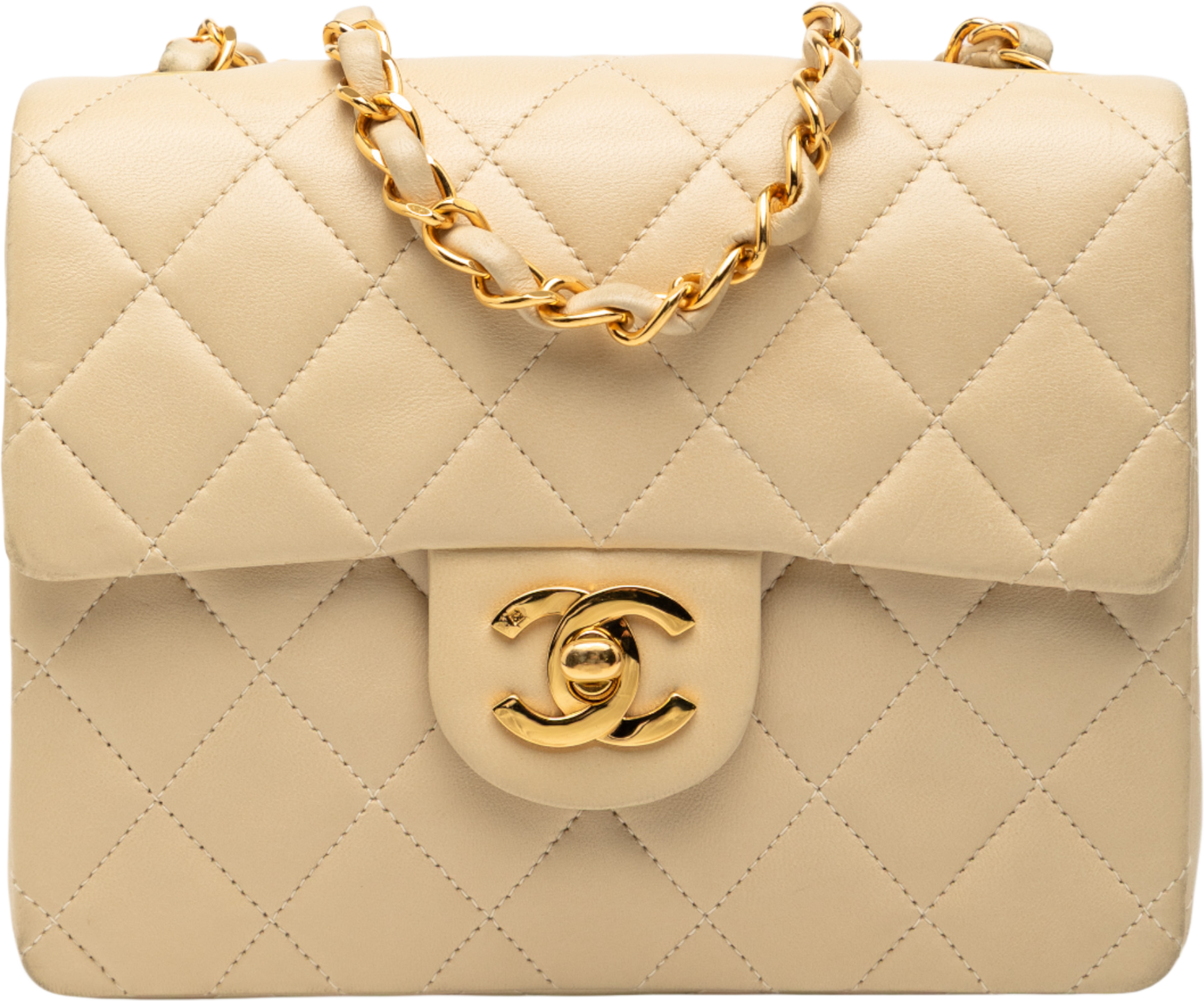 Chanel Mini Square Classic Lambskin Single Flap, från Luxclusif, i färgen beige. Klicka för att öppna bilden i stort format