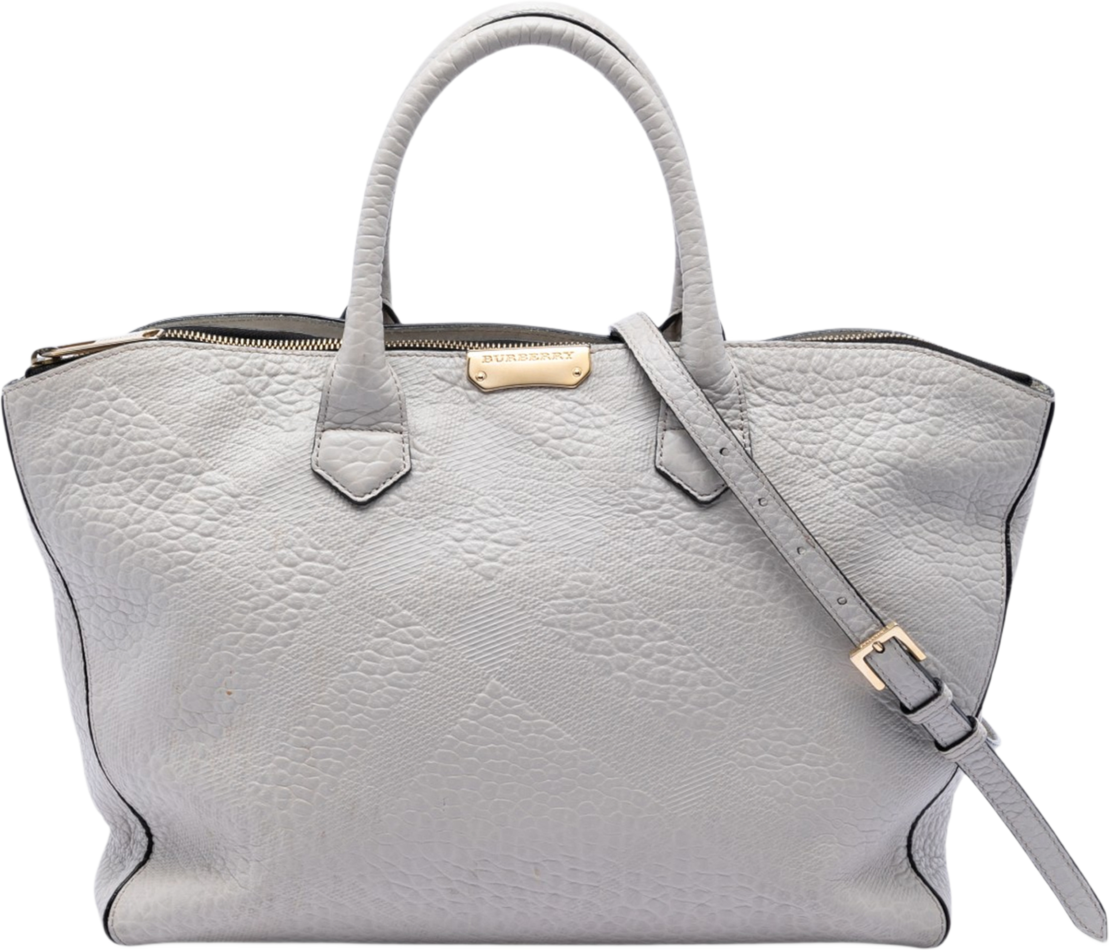 Burberry Embossed Leather Dewsbury Satchel, från Luxclusif, i färgen light gray. Klicka för att öppna bilden i stort format