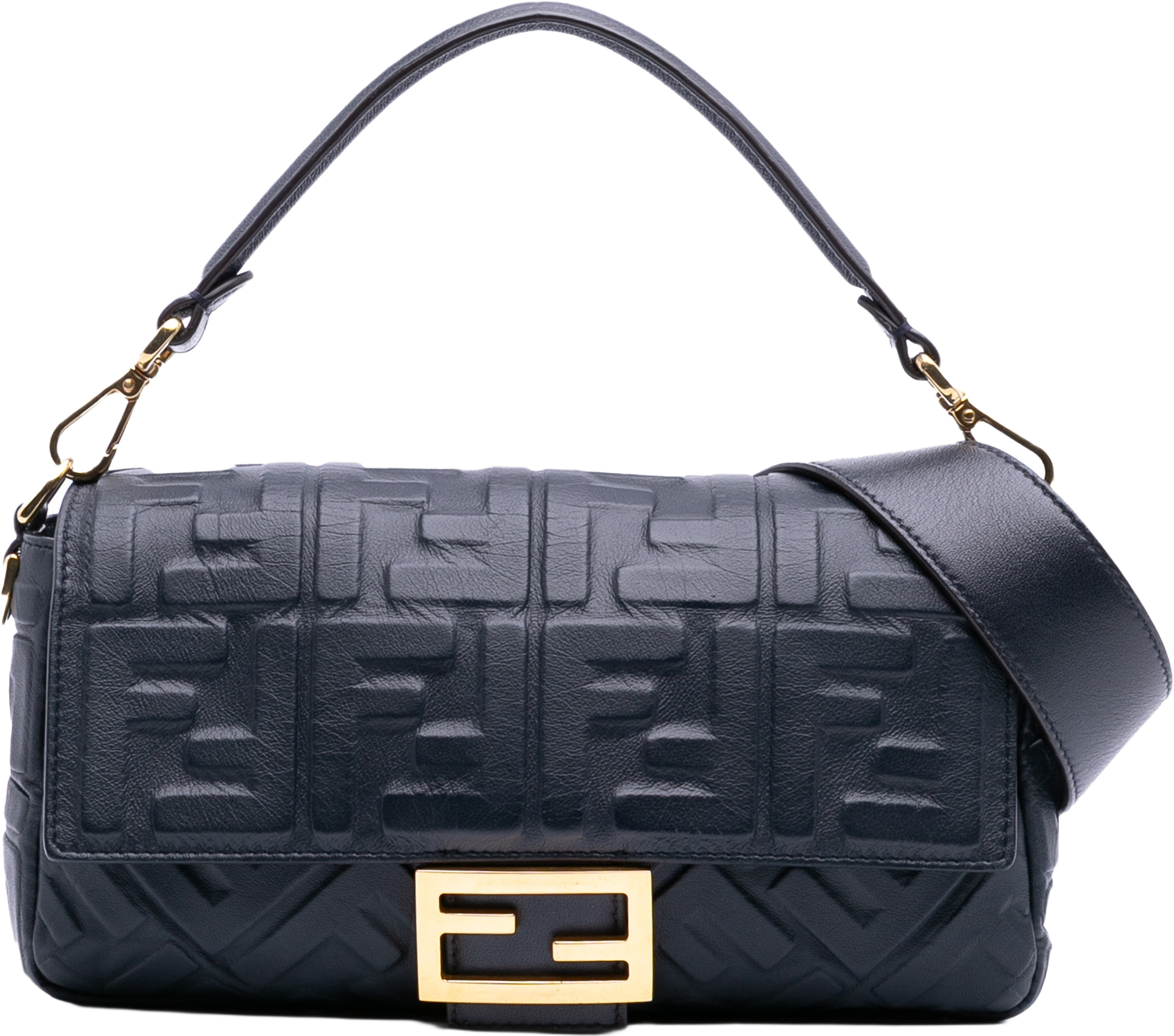 Fendi Zucca Embossed Leather Baguette Satchel, från Luxclusif, i färgen black. Klicka för att öppna bilden i stort format