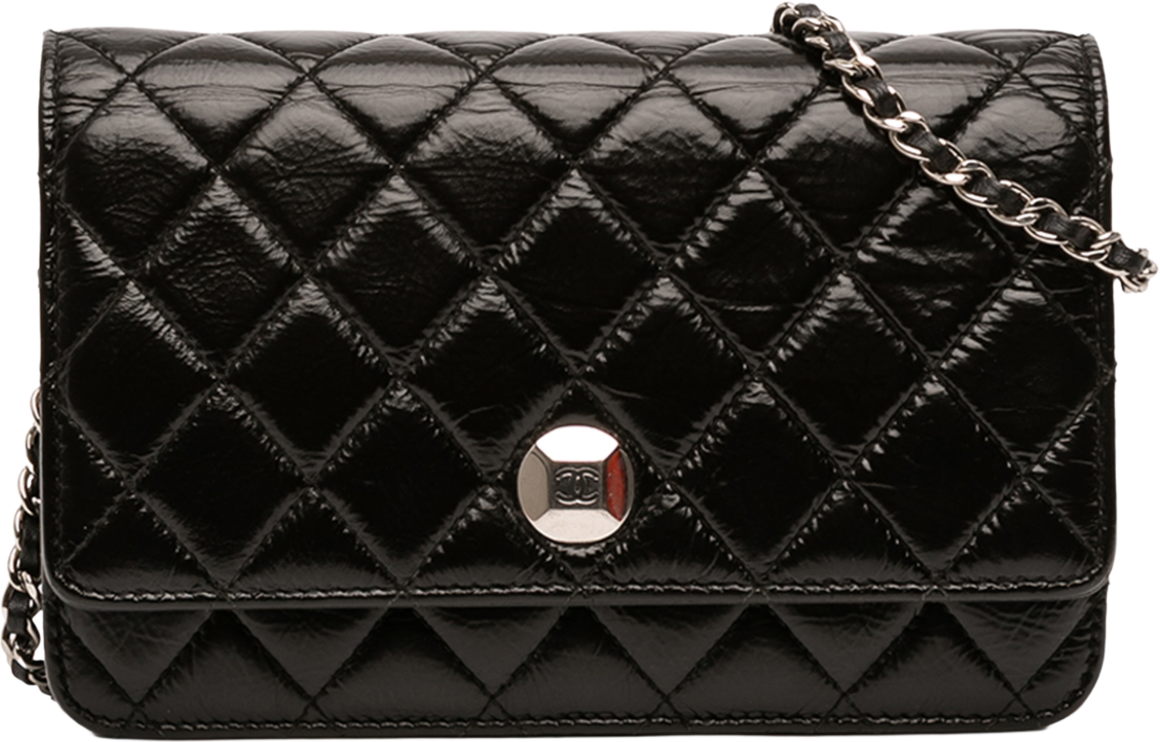 Chanel Cc Quilted Crinkled Patent Wallet On Chain, från Luxclusif, i färgen black. Klicka för att öppna bilden i stort format