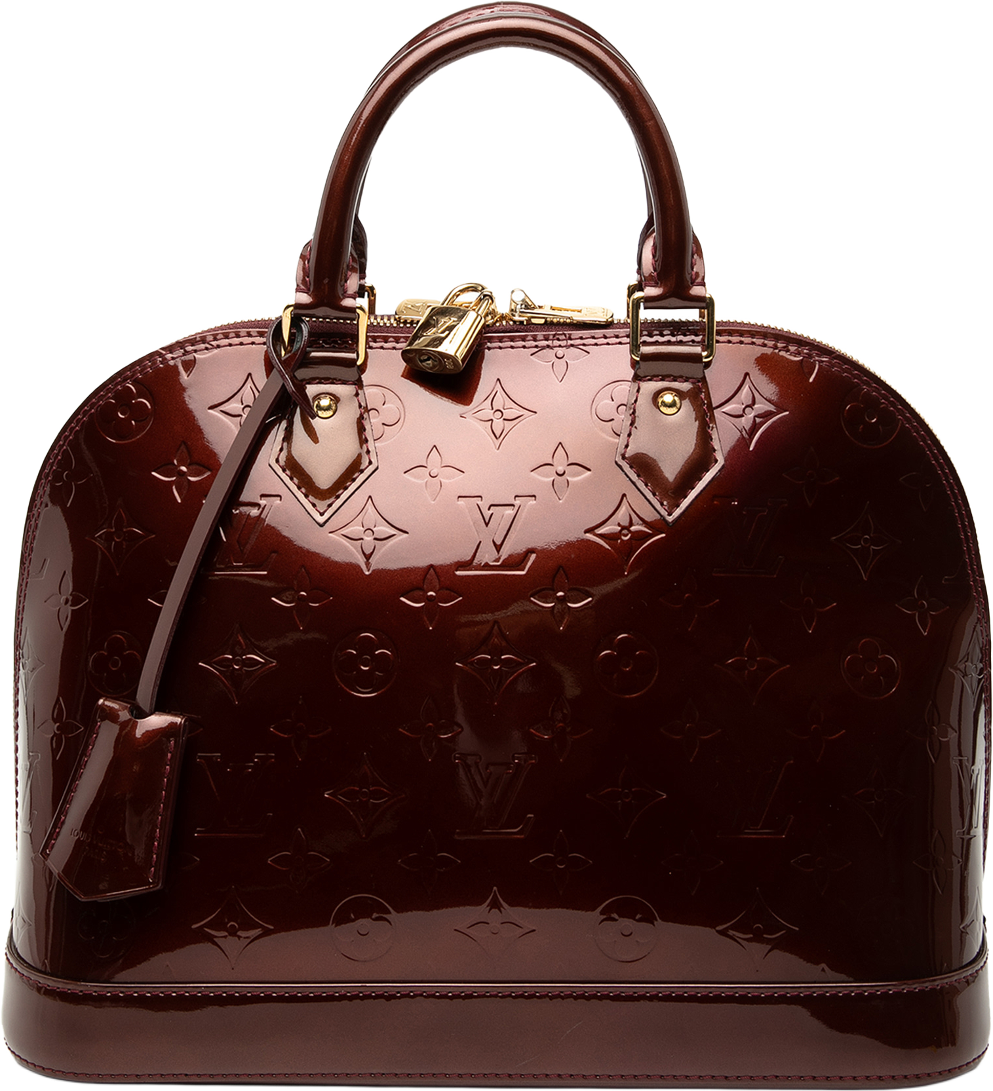 Louis Vuitton Monogram Vernis Alma Pm, från Luxclusif, i färgen burgundy. Klicka för att öppna bilden i stort format