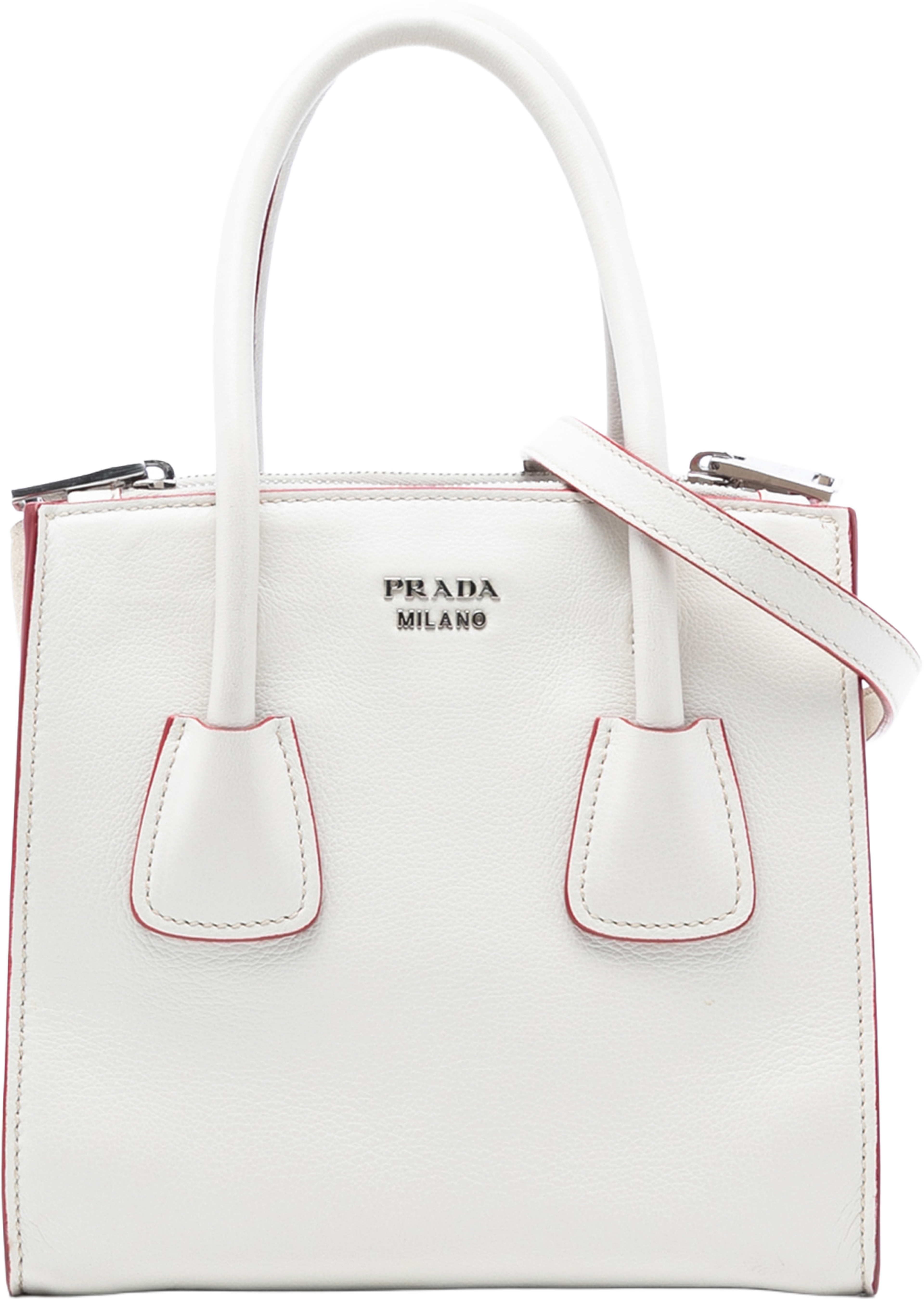 Prada Mini Scamosciato Trimmed Glace Calf Twin Pocket Satchel, från Luxclusif, i färgen ivory. Klicka för att öppna bilden i stort format