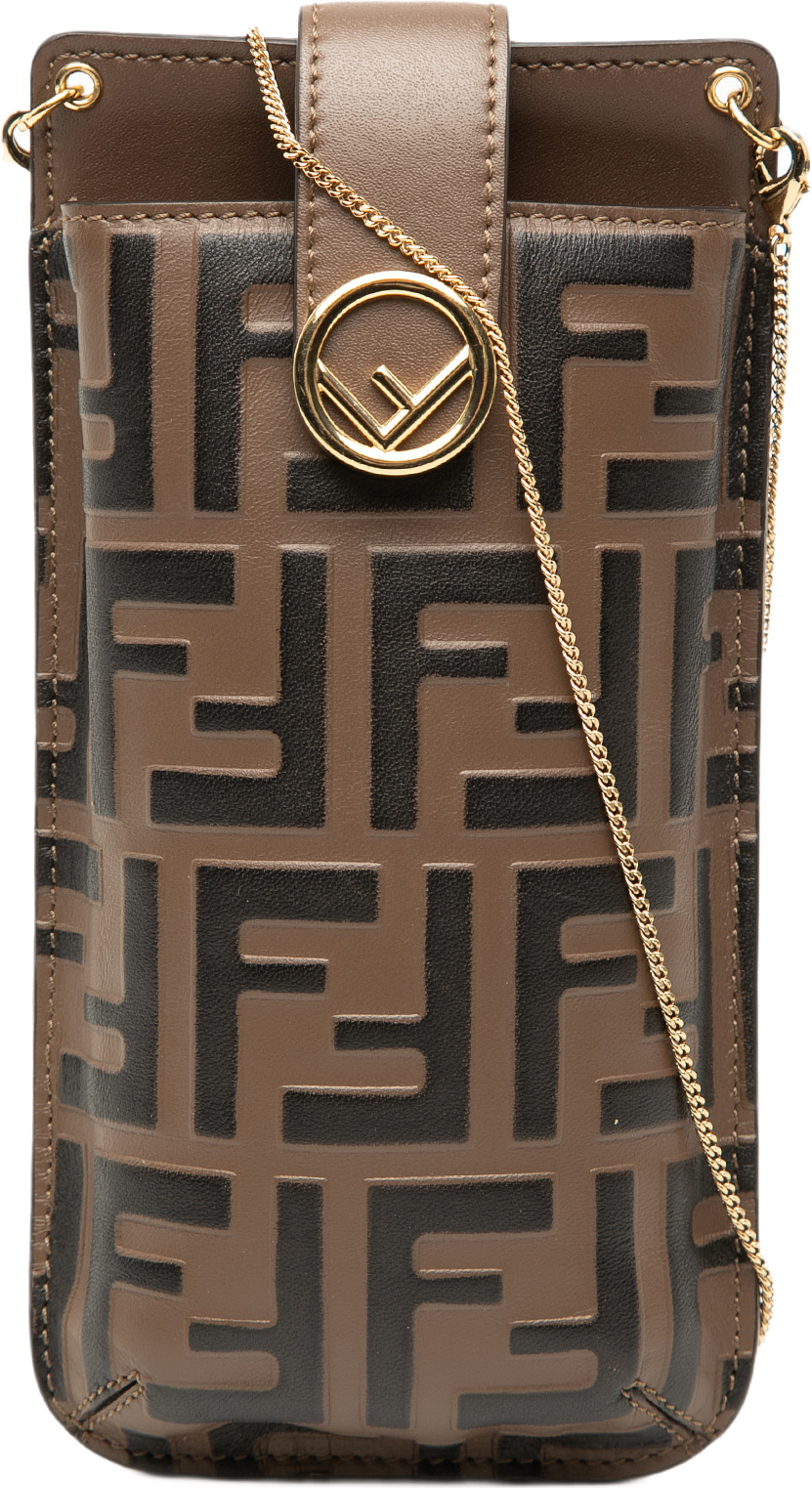 Fendi Ff 1974 Embossed Leather Phone Pouch On Chain, från Luxclusif, i färgen brown. Klicka för att öppna bilden i stort format