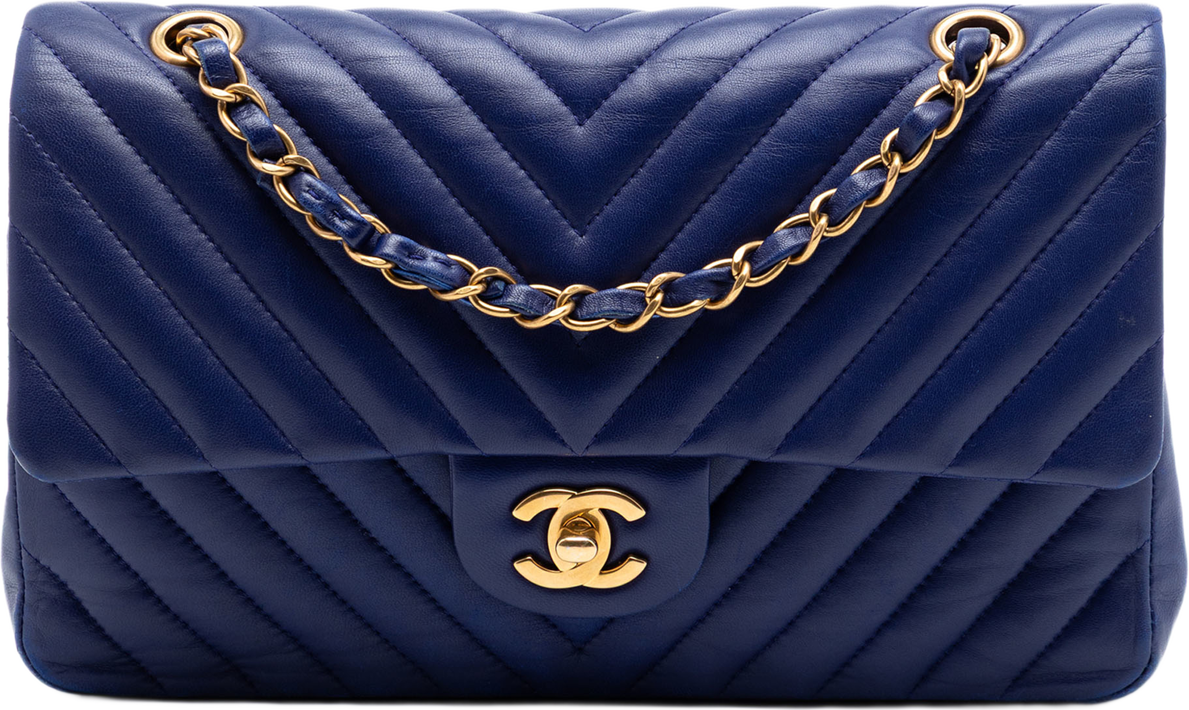 Chanel Medium Classic Chevron Lambskin Double Flap, från Luxclusif, i färgen blue. Klicka för att öppna bilden i stort format