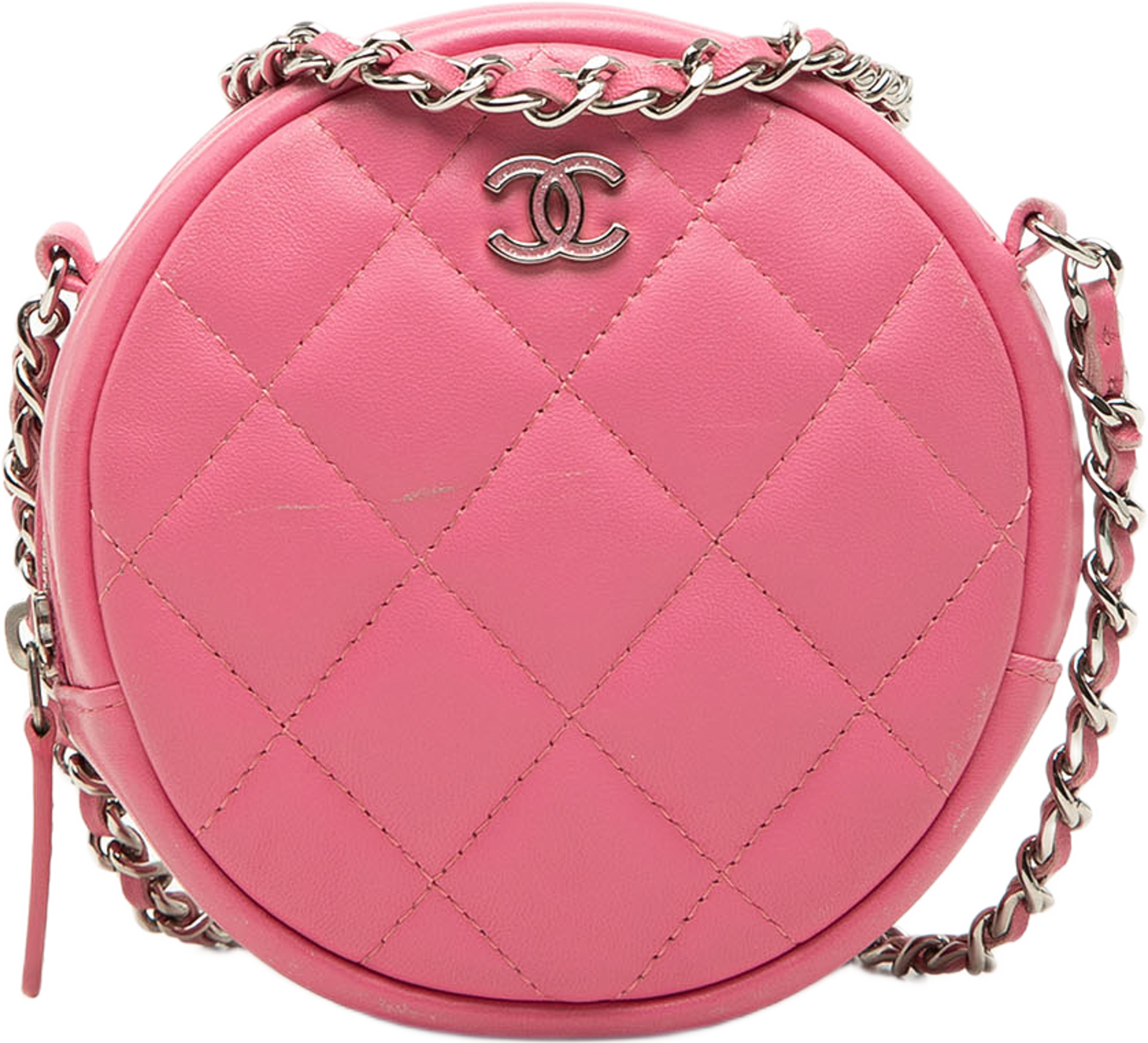 Chanel Cc Quilted Lambskin Round Clutch With Chain, från Luxclusif, i färgen rosa. Klicka för att öppna bilden i stort format