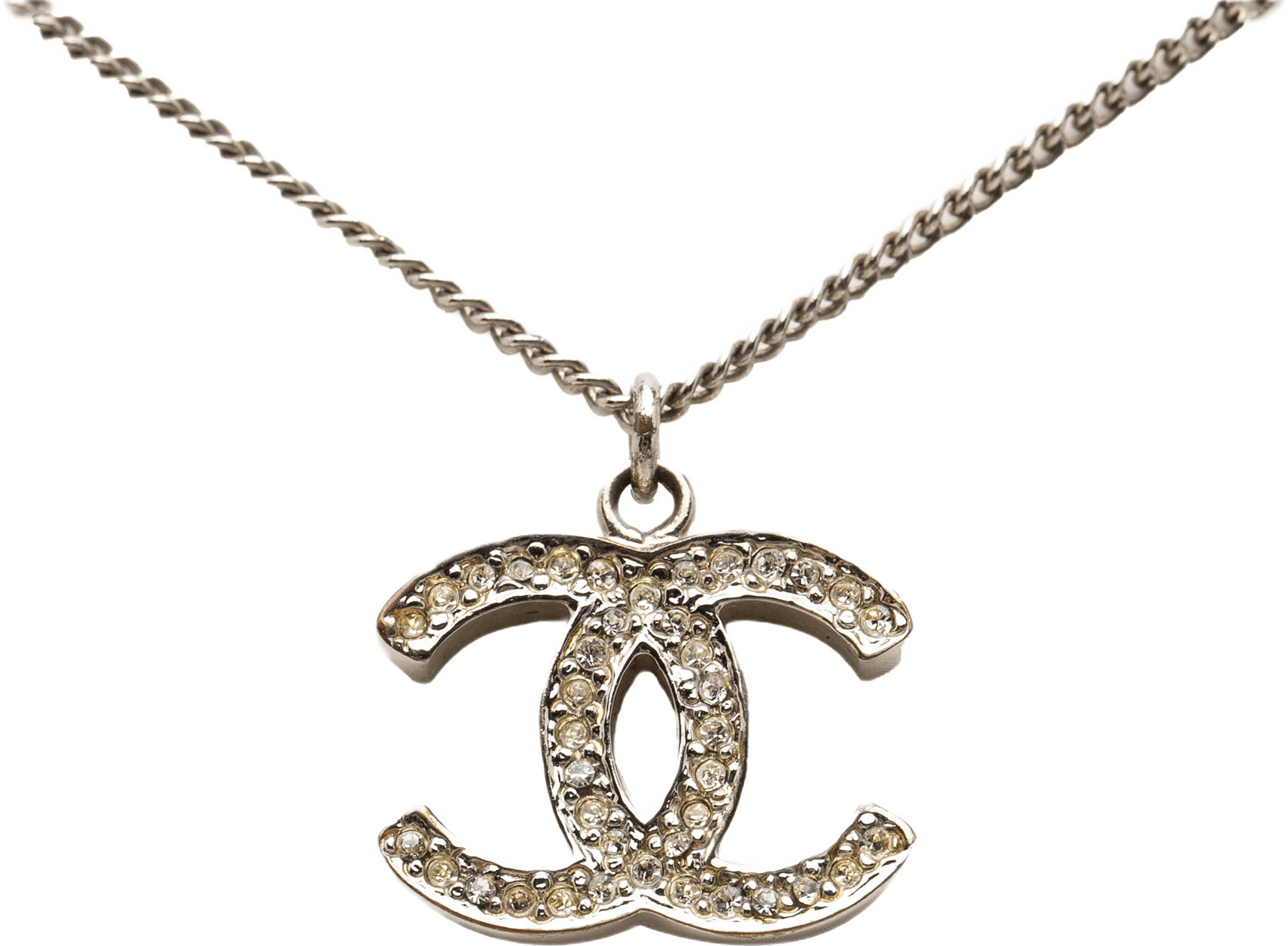 Chanel Cc Silver Plated Rhinestone Pendant Necklace, från Luxclusif, i färgen silver. Klicka för att öppna bilden i stort format