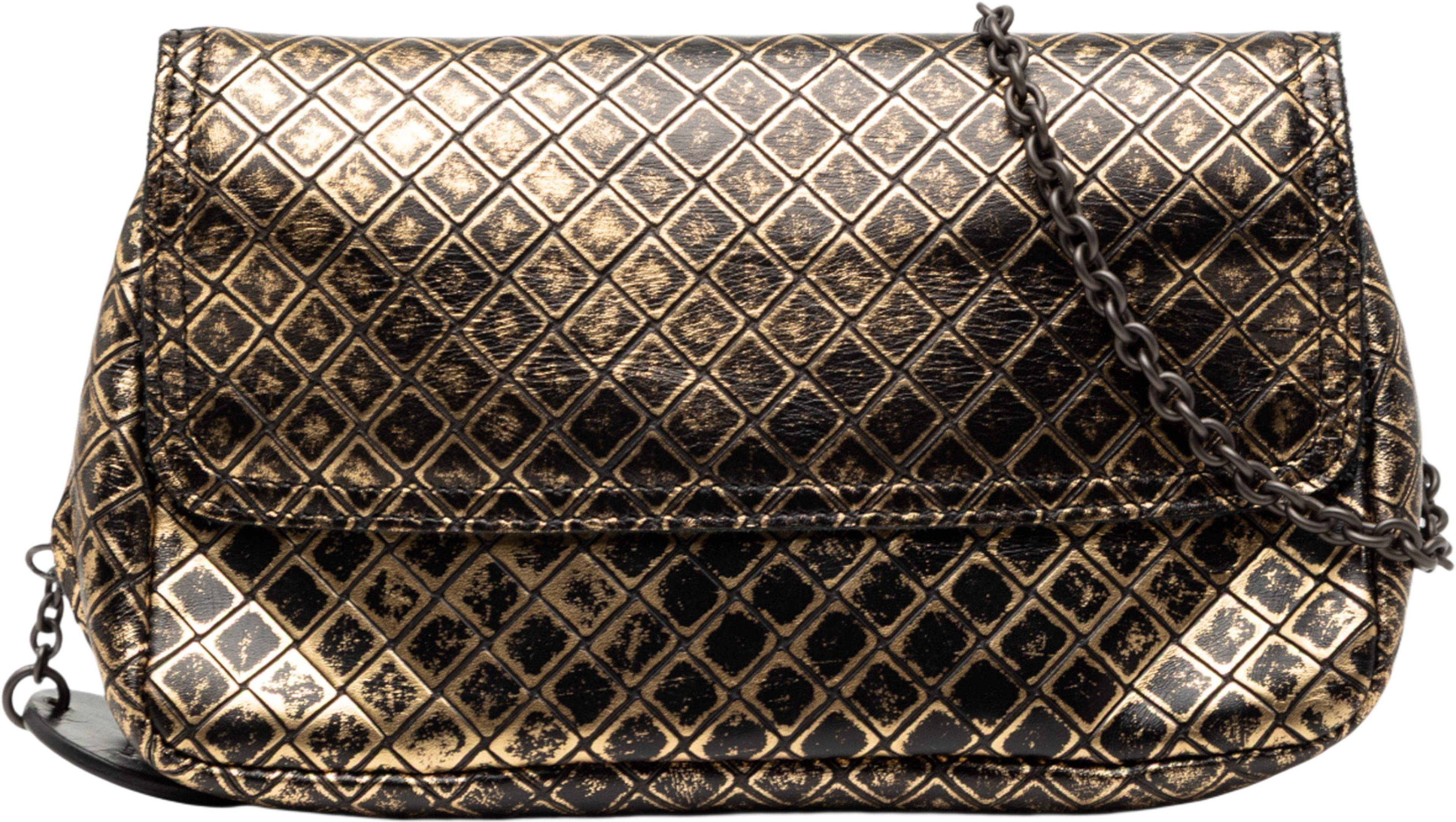 Bottega Veneta Metallic Calfskin Intrecciomirage Chain Flap Crossbody, från Luxclusif, i färgen gold. Klicka för att öppna bilden i stort format