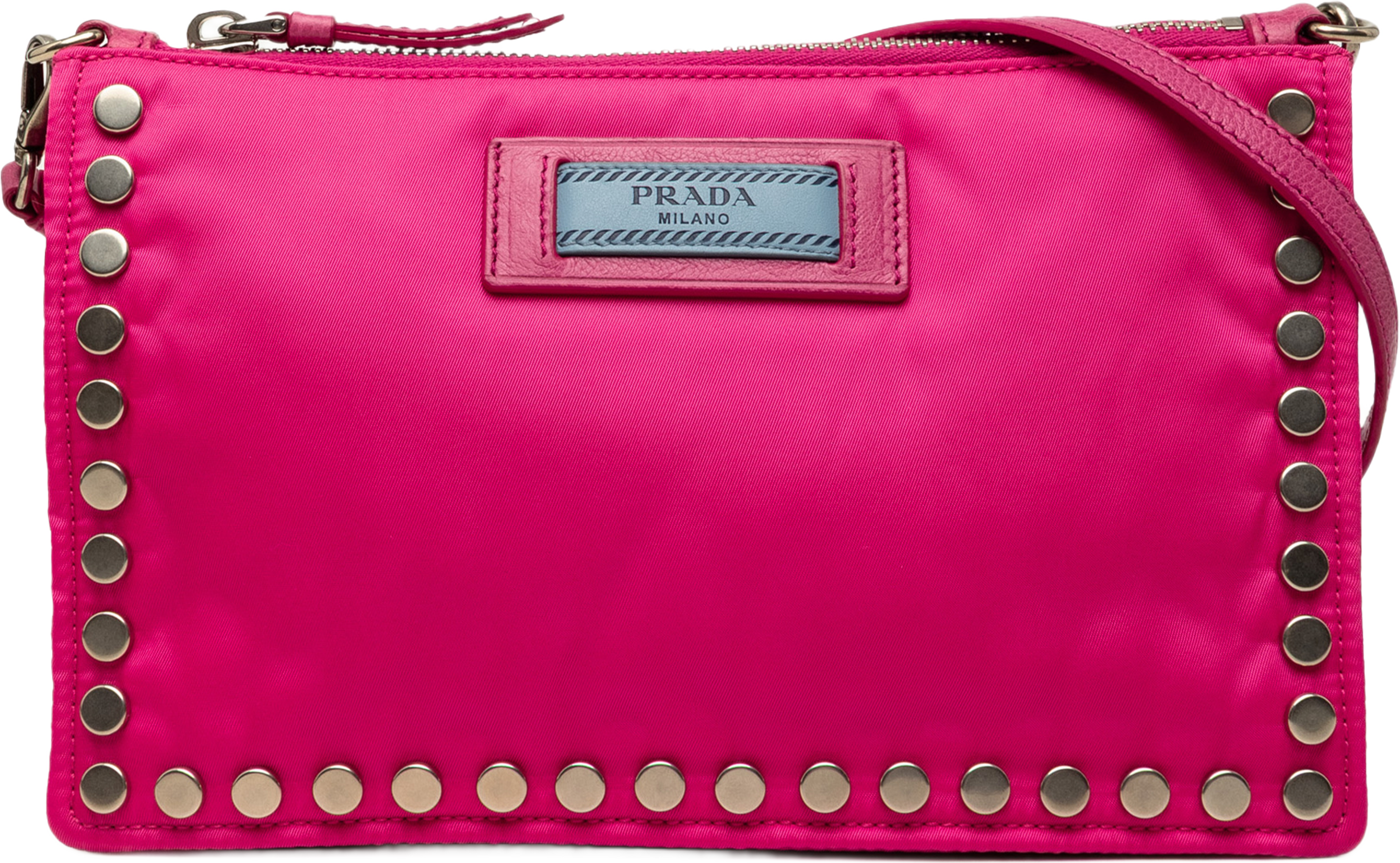 Prada Tessuto Studded Etiquette Shoulder Bag, från Luxclusif, i färgen rosa. Klicka för att öppna bilden i stort format