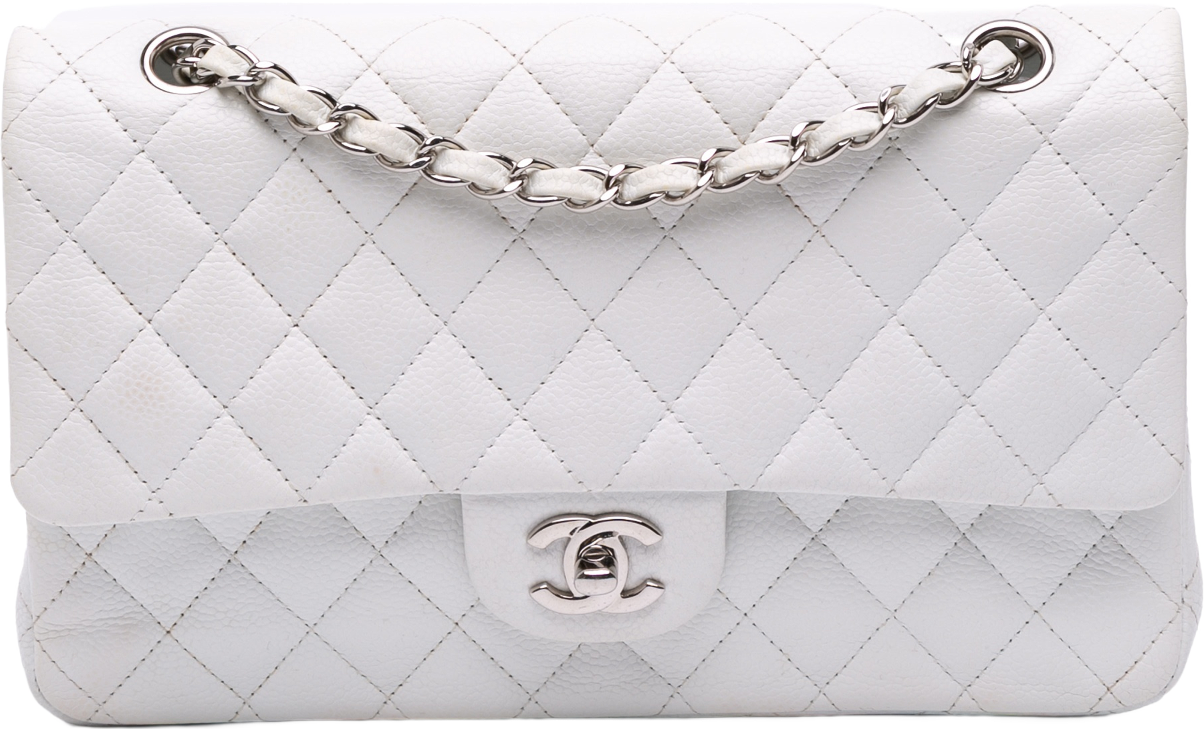 Chanel Medium Classic Caviar Double Flap, från Luxclusif, i färgen white. Klicka för att öppna bilden i stort format