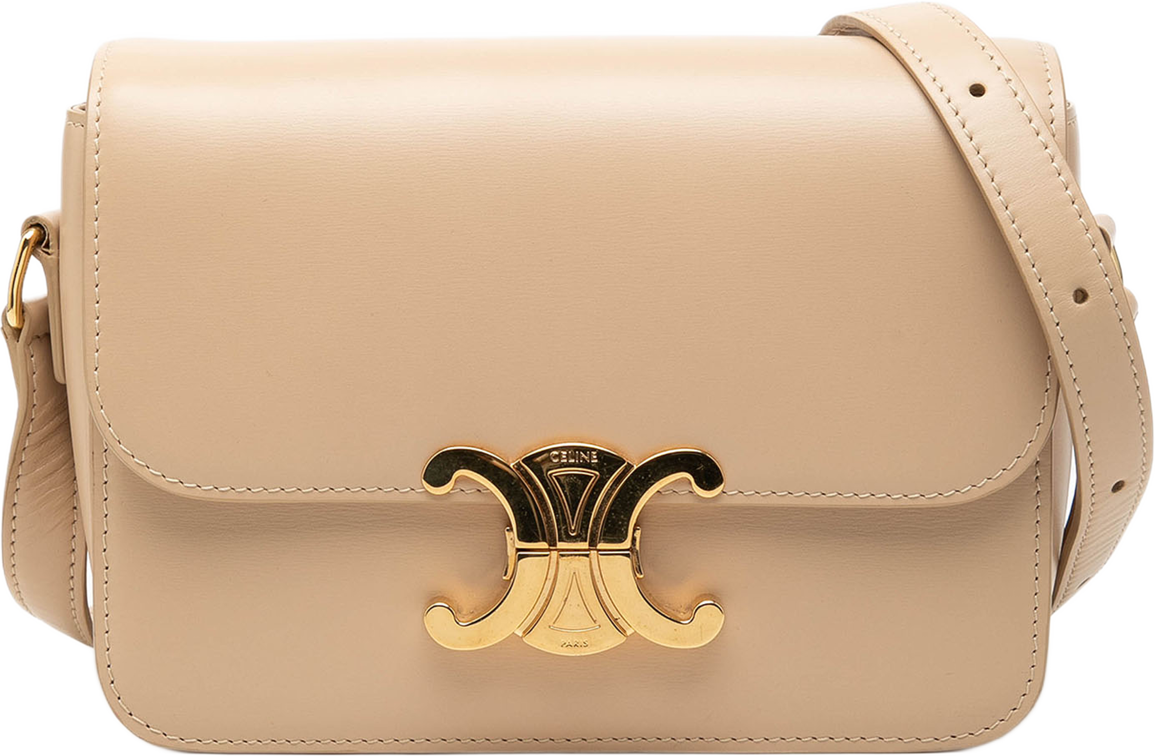 Celine Teen Shiny Calfskin Triomphe Crossbody, från Luxclusif, i färgen beige. Klicka för att öppna bilden i stort format