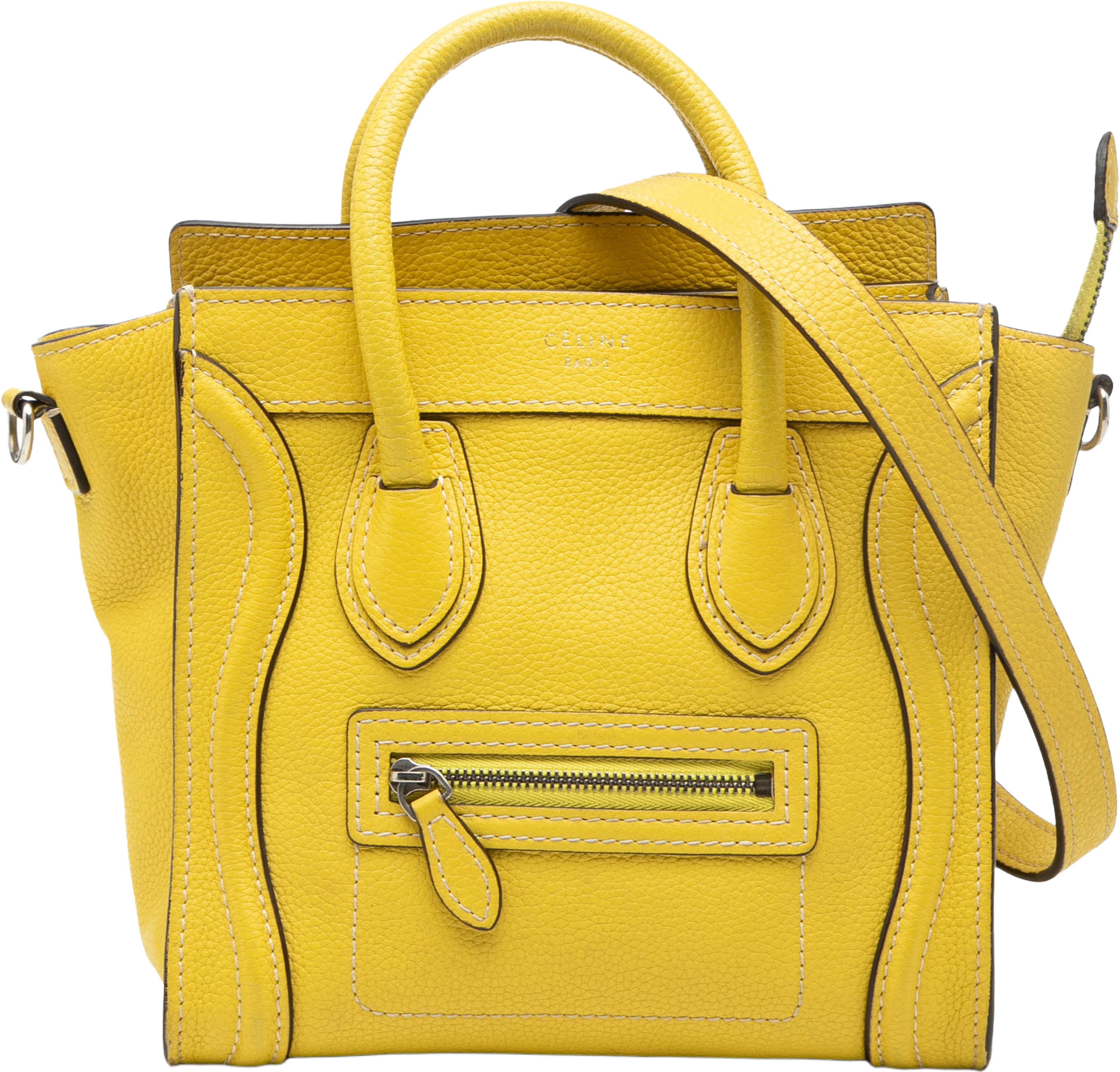 Celine Nano Grained Calfskin Luggage Tote, från Luxclusif, i färgen yellow. Klicka för att öppna bilden i stort format