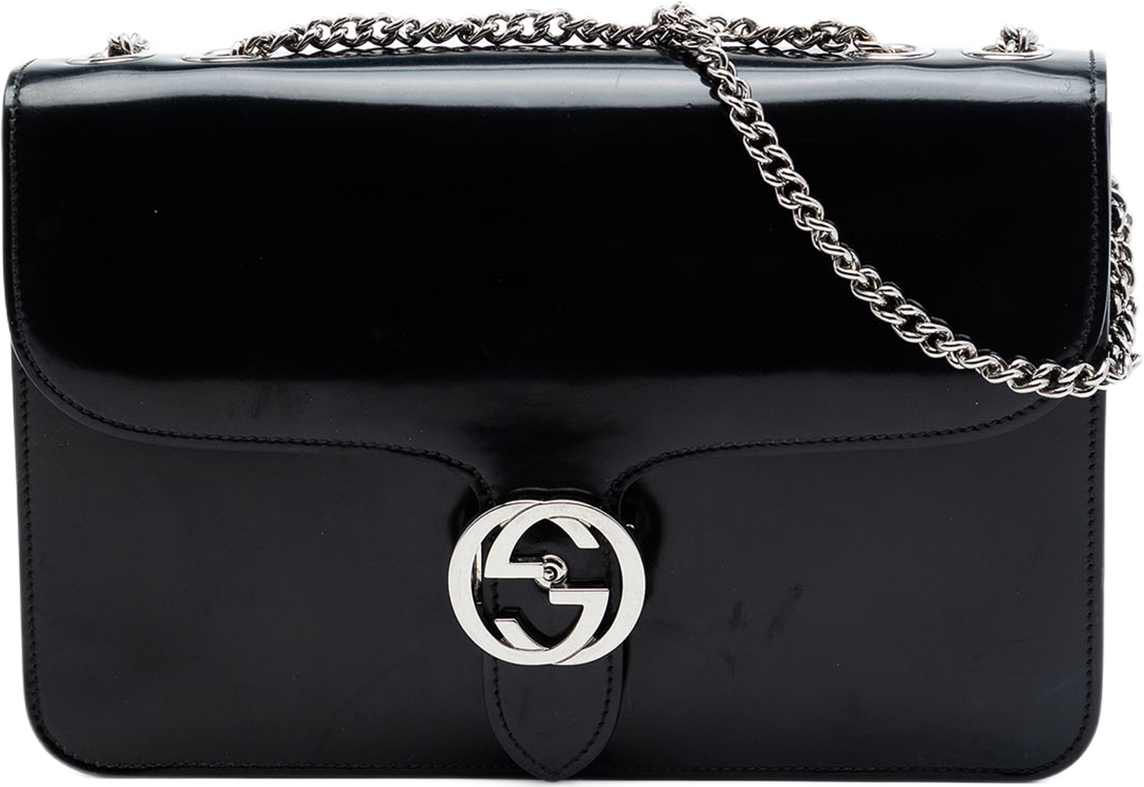 Gucci Medium Patent Interlocking G Crossbody, från Luxclusif, i färgen svart. Klicka för att öppna bilden i stort format