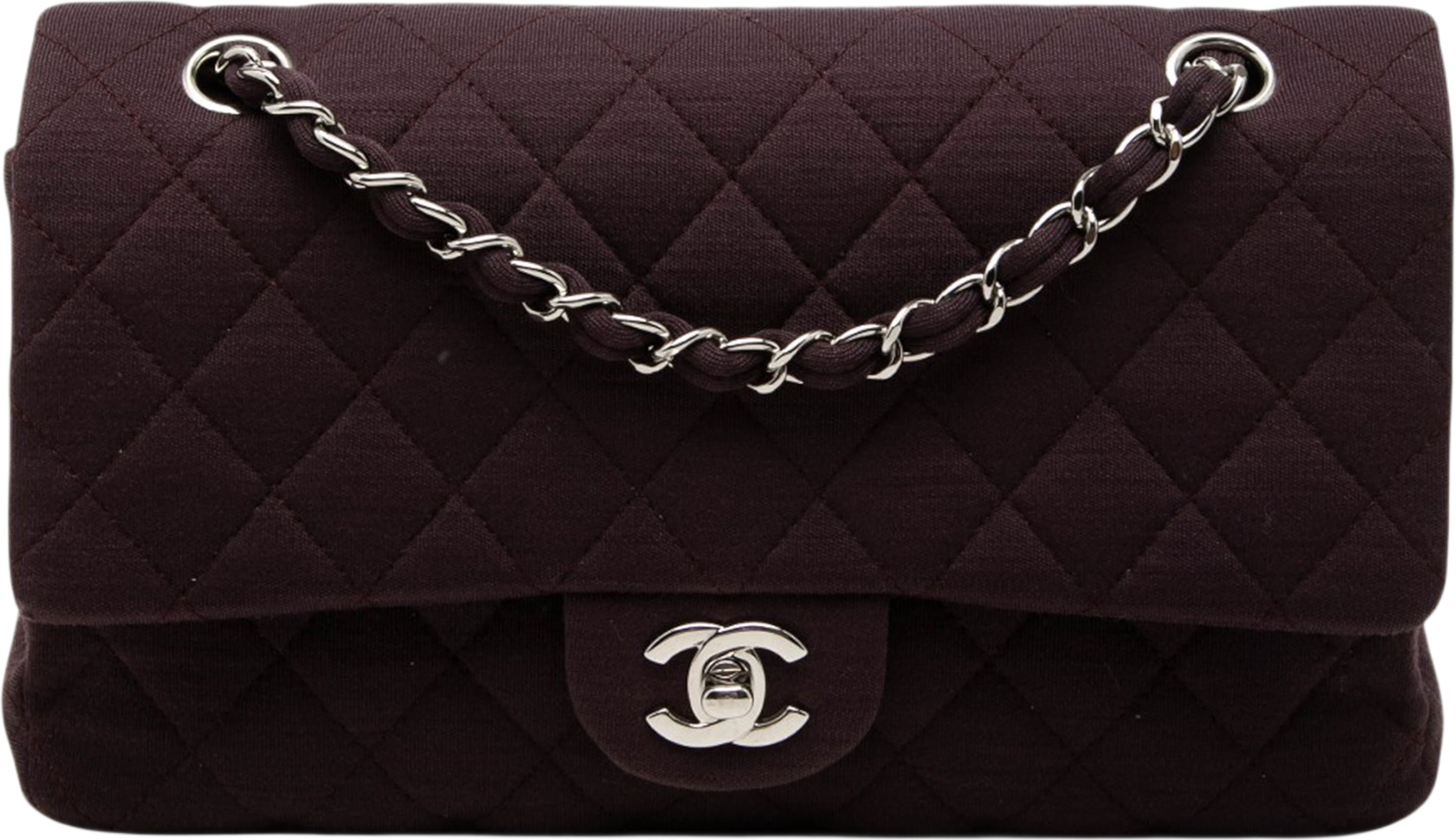 Chanel Medium Classic Jersey Double Flap, från Luxclusif, i färgen dark brown. Klicka för att öppna bilden i stort format