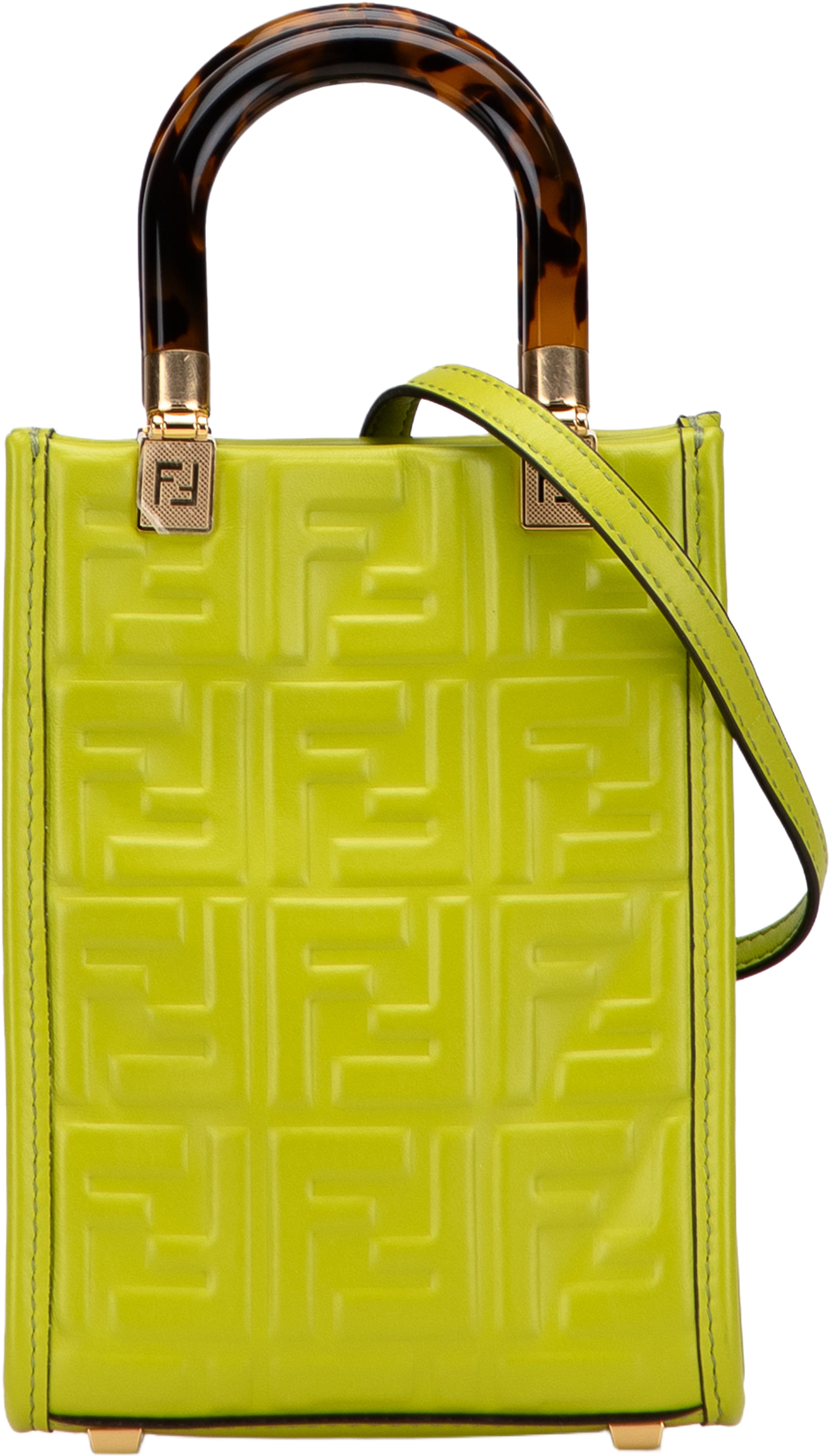 Fendi Mini Zucca Embossed Leather Sunshine Shopper Tote, från Luxclusif, i färgen lime. Klicka för att öppna bilden i stort format