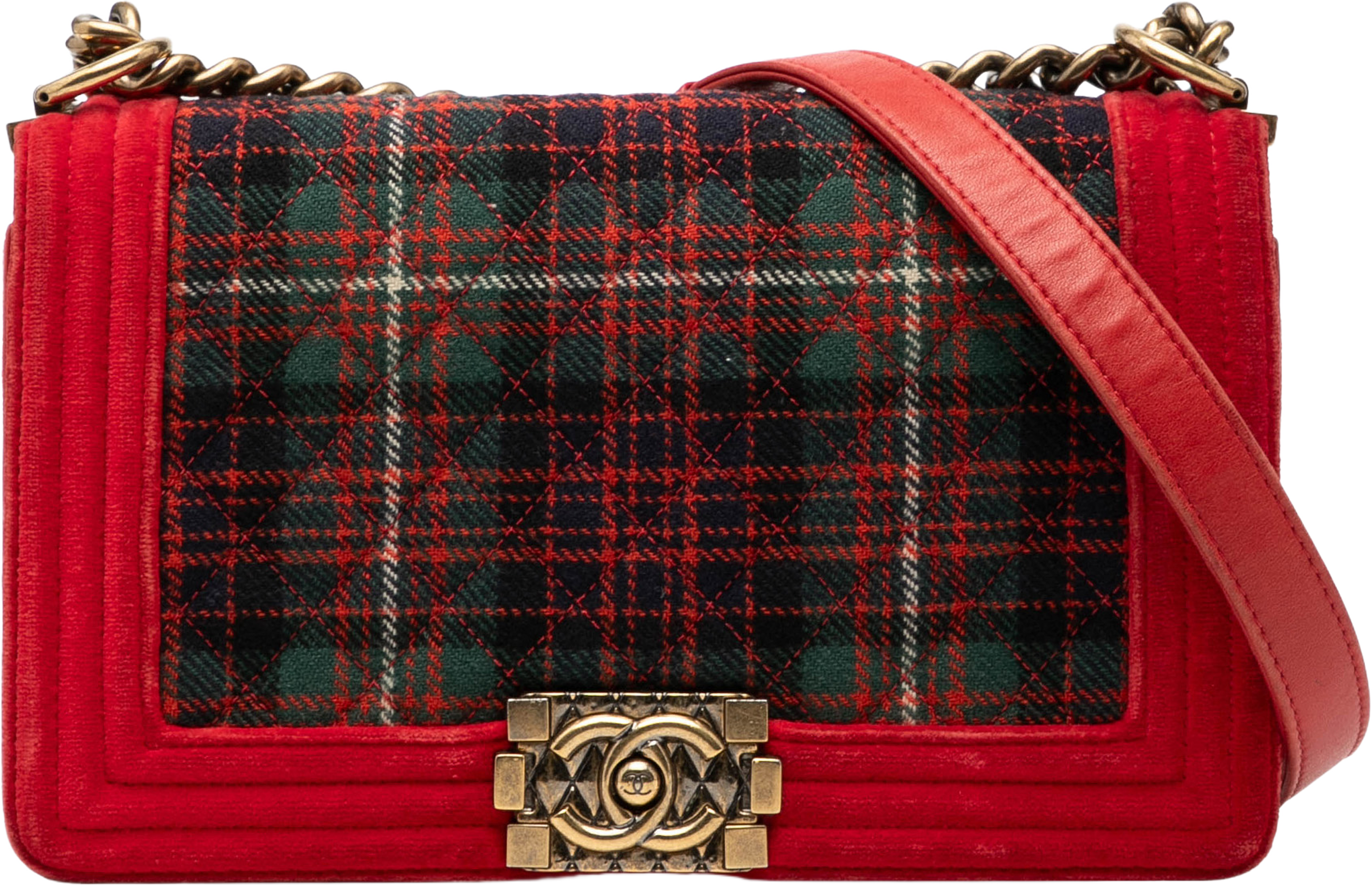 Chanel Old Medium Quilted Tweed And Velvet Boy Flap, från Luxclusif, i färgen red. Klicka för att öppna bilden i stort format