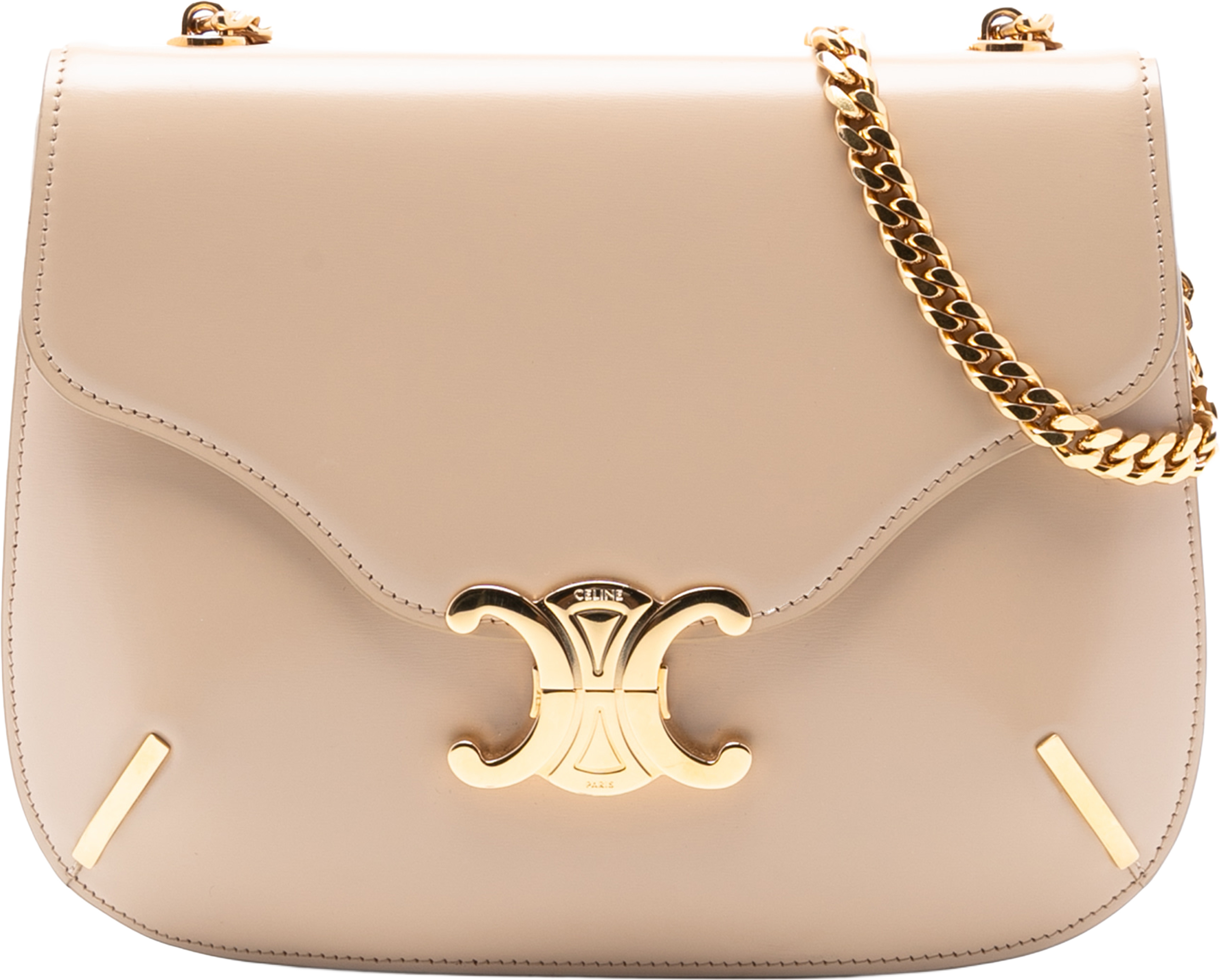 Celine Teen Shiny Calfskin Triomphe Besace Clea Chain Crossbody, från Luxclusif, i färgen beige. Klicka för att öppna bilden i stort format