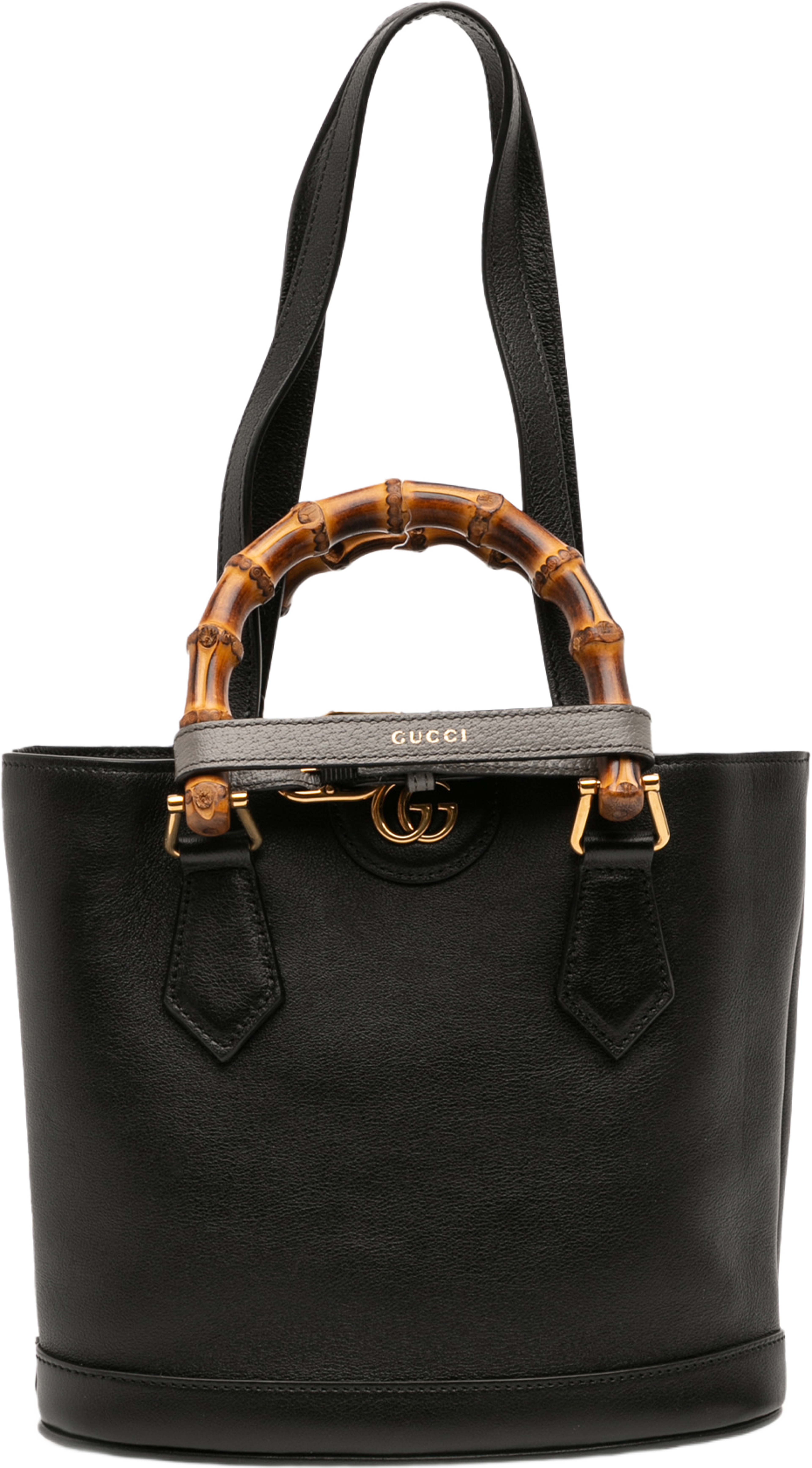 Gucci Small Calfskin Bamboo Diana Convertible Bucket Bag, från Luxclusif, i färgen black. Klicka för att öppna bilden i stort format