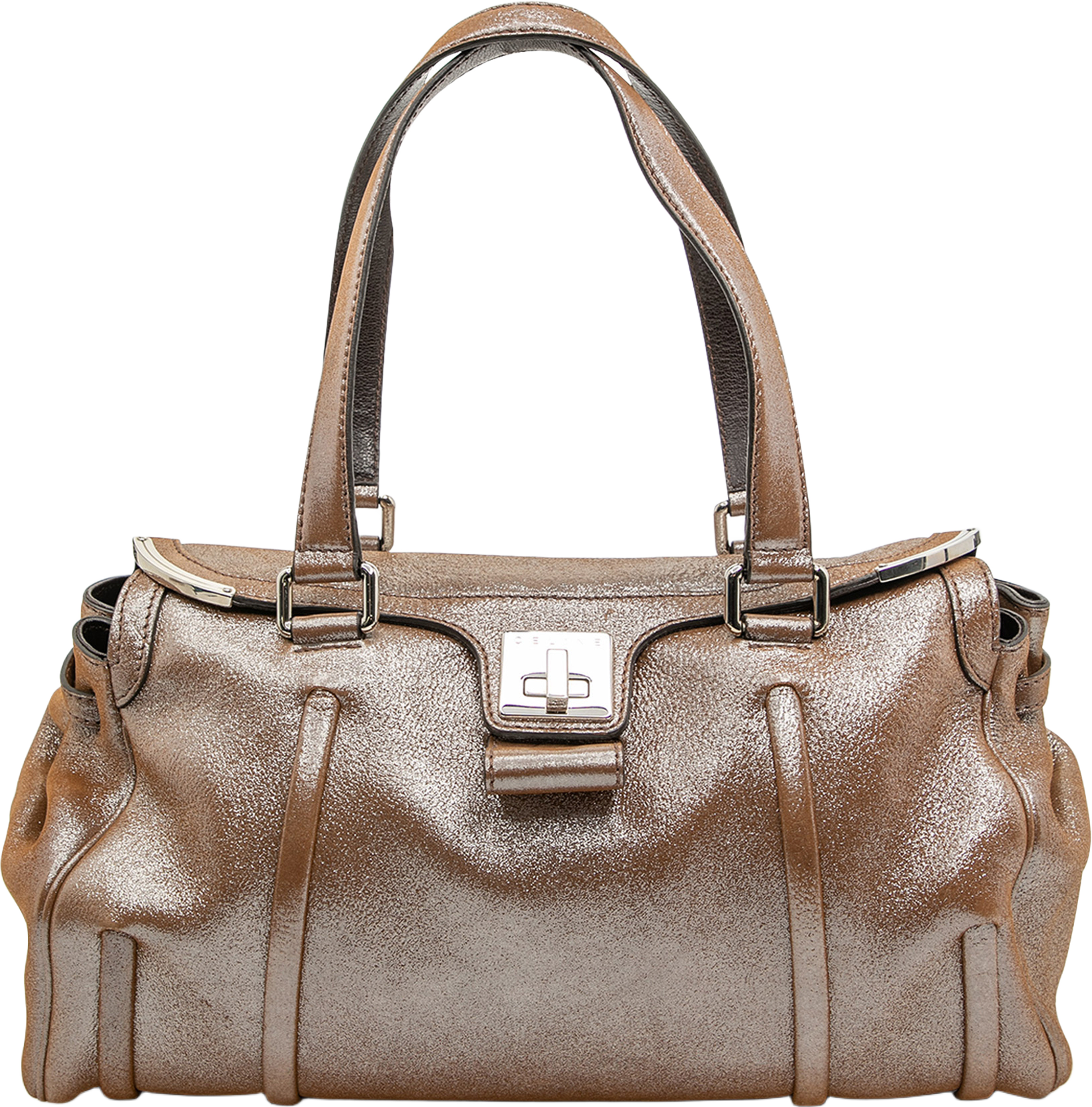 Celine Shimmer Leather Front Flap Shoulder Bag, från Luxclusif, i färgen brown. Klicka för att öppna bilden i stort format