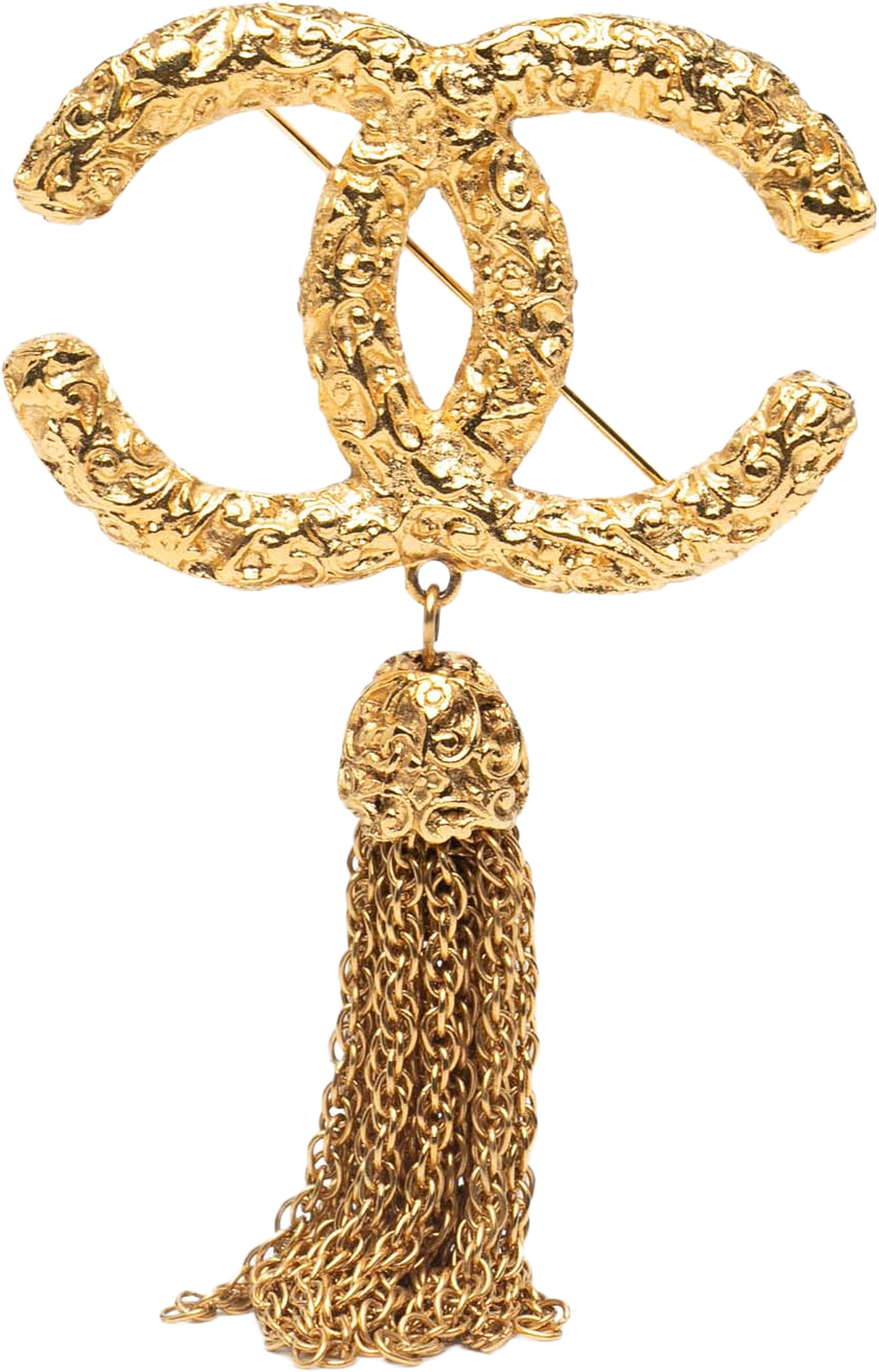 Chanel Gold Plated Cc Logo Tassel Lava Fringe Brooch, från Luxclusif, i färgen gold. Klicka för att öppna bilden i stort format