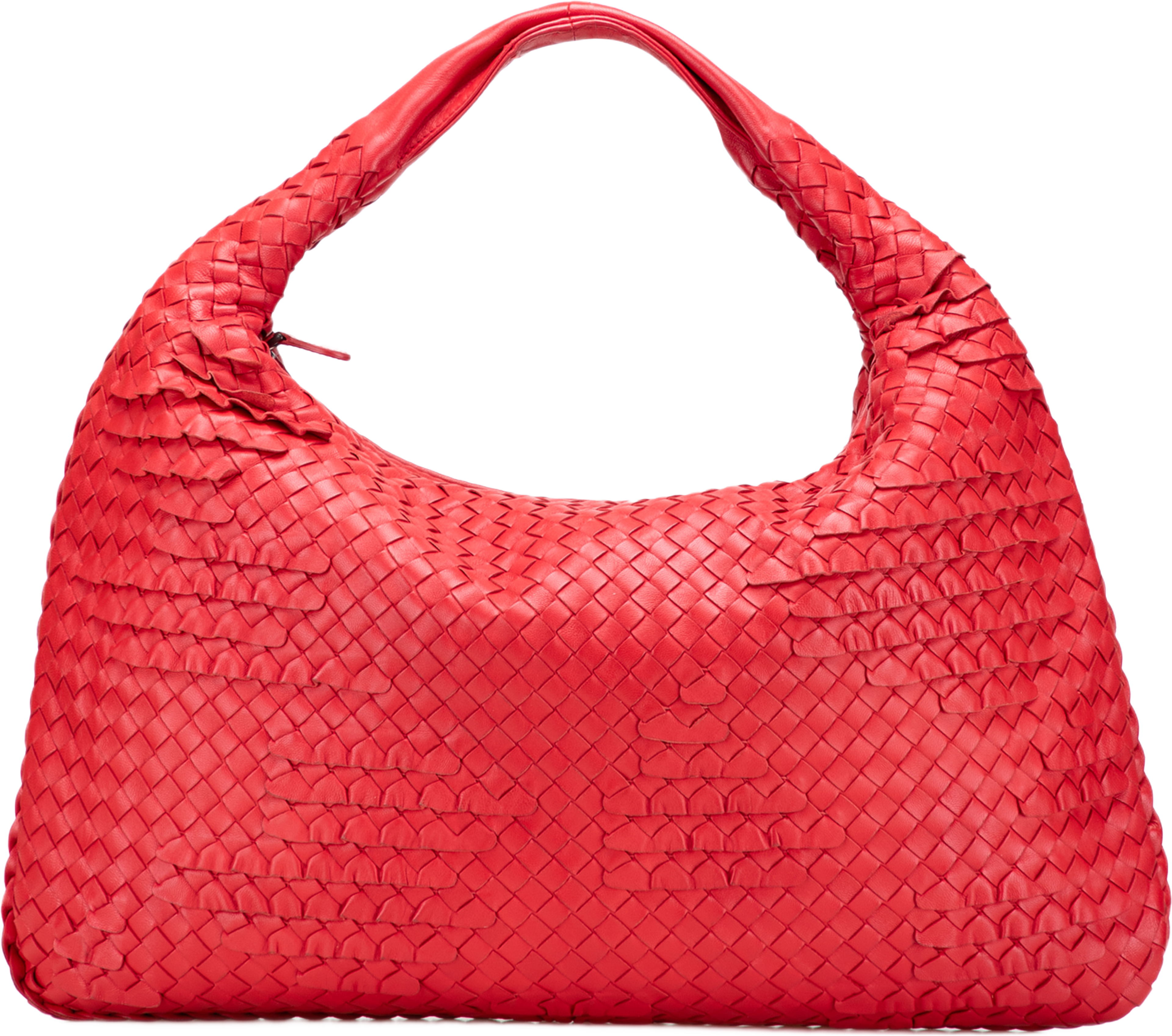 Bottega Veneta Medium Nappa Intrecciato Ruffle Veneta Hobo, från Luxclusif, i färgen röd. Klicka för att öppna bilden i stort format