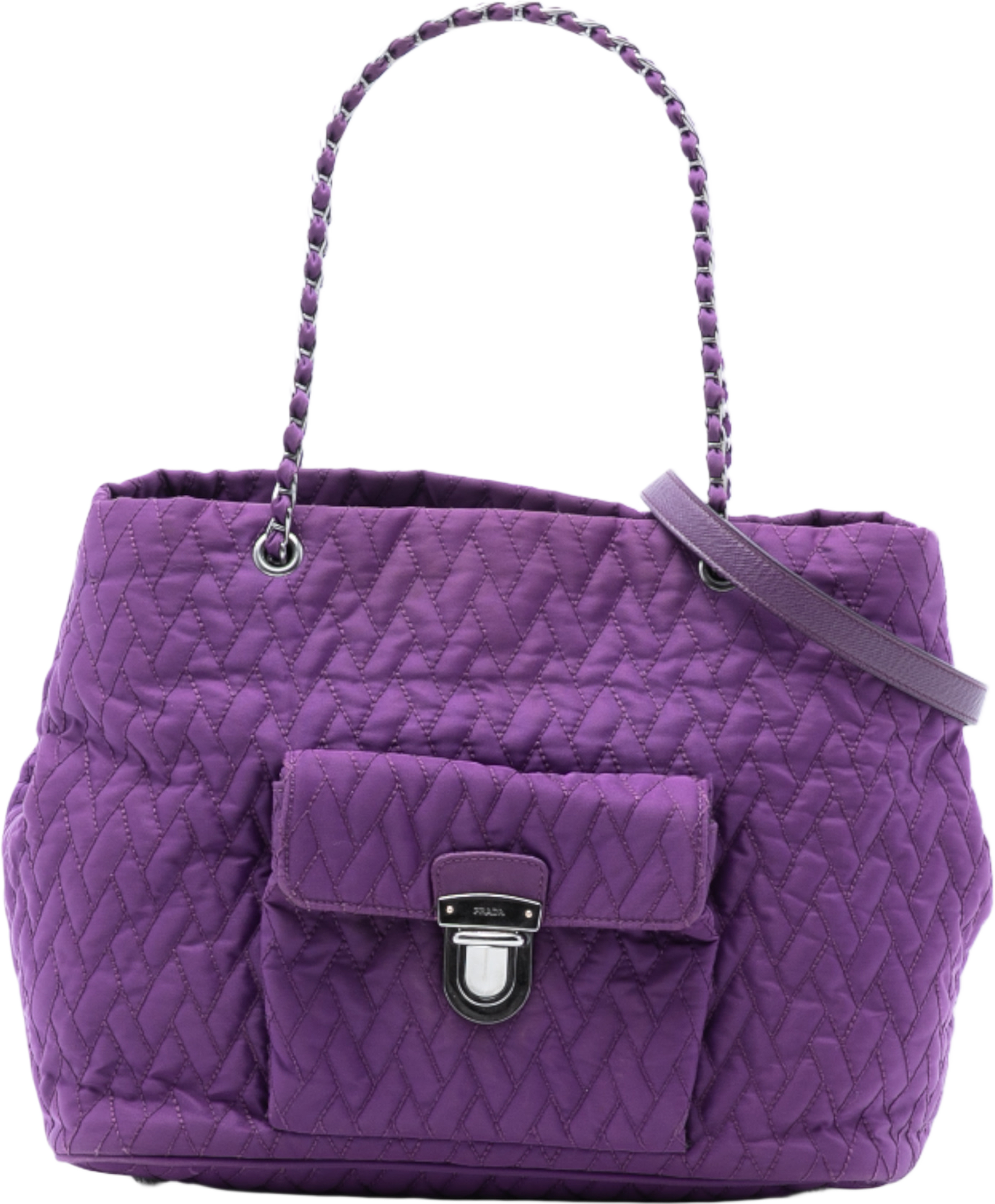 Prada Impuntu Tessuto Chain Tote, från Luxclusif, i färgen purple. Klicka för att öppna bilden i stort format