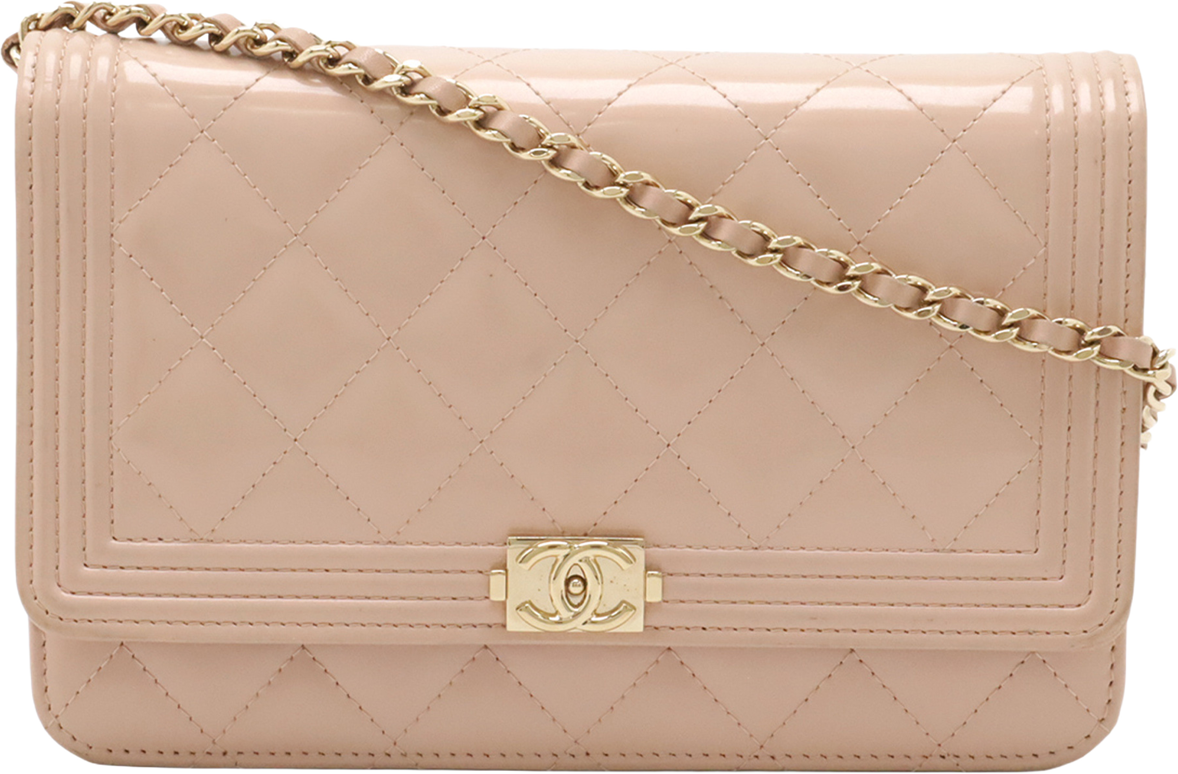Chanel Quilted Patent Boy Wallet On Chain, från Luxclusif, i färgen rosa. Klicka för att öppna bilden i stort format
