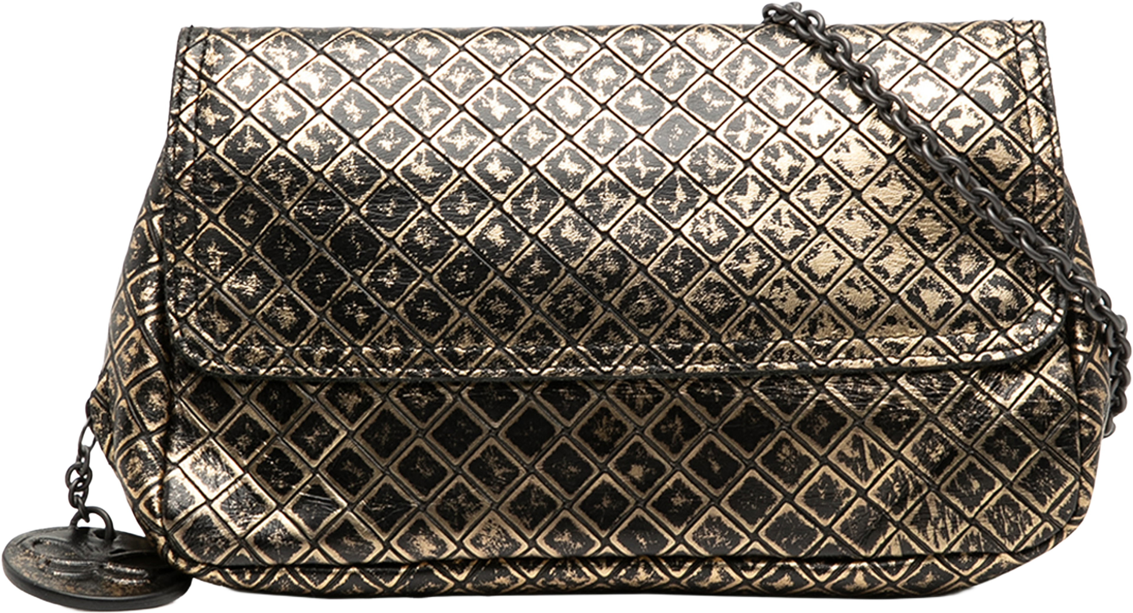 Bottega Veneta Metallic Calfskin Intrecciomirage Chain Flap Crossbody, från Luxclusif, i färgen gold. Klicka för att öppna bilden i stort format
