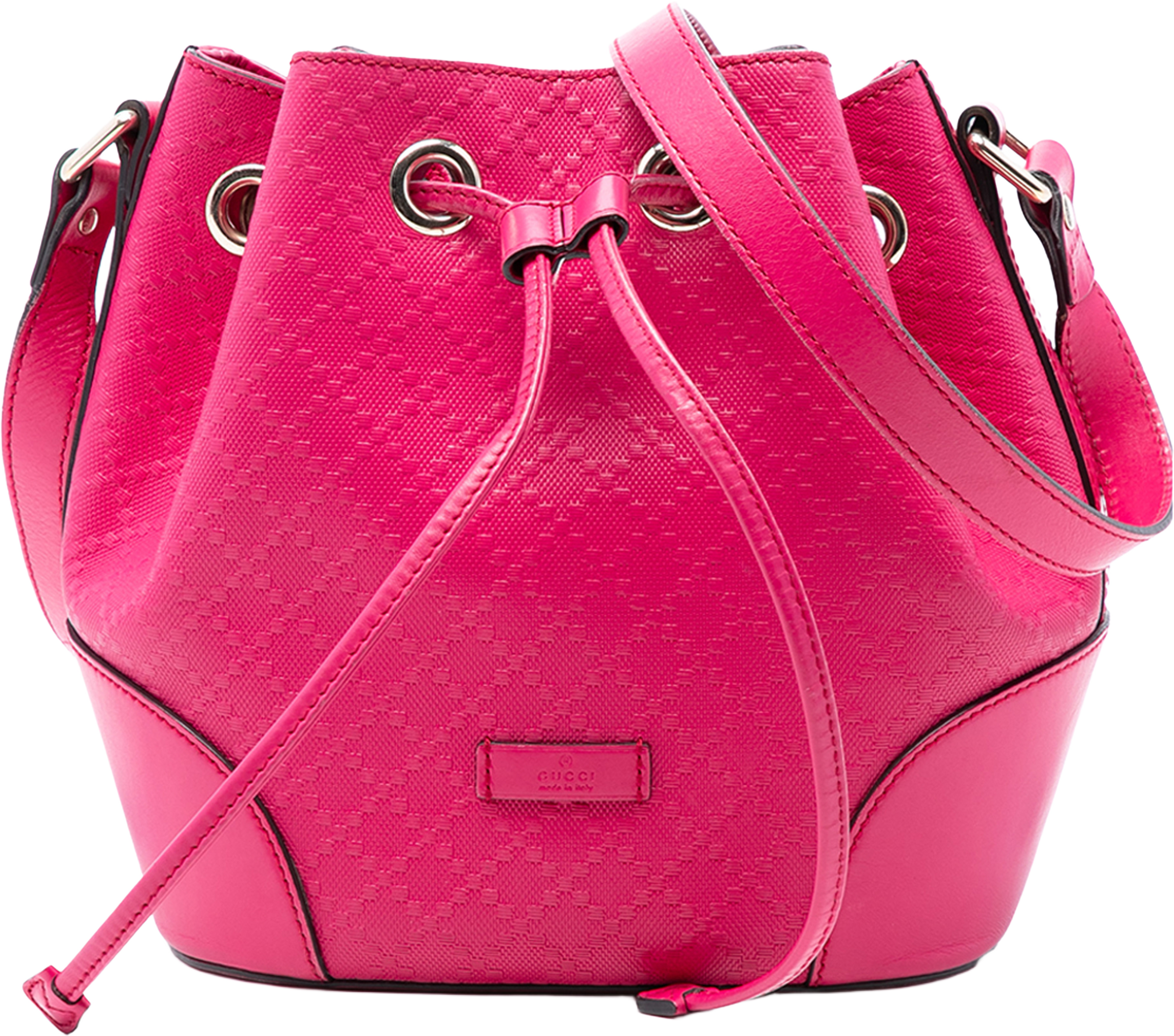 Gucci Diamante Leather Bright Bucket Bag, från Luxclusif, i färgen hot pink. Klicka för att öppna bilden i stort format