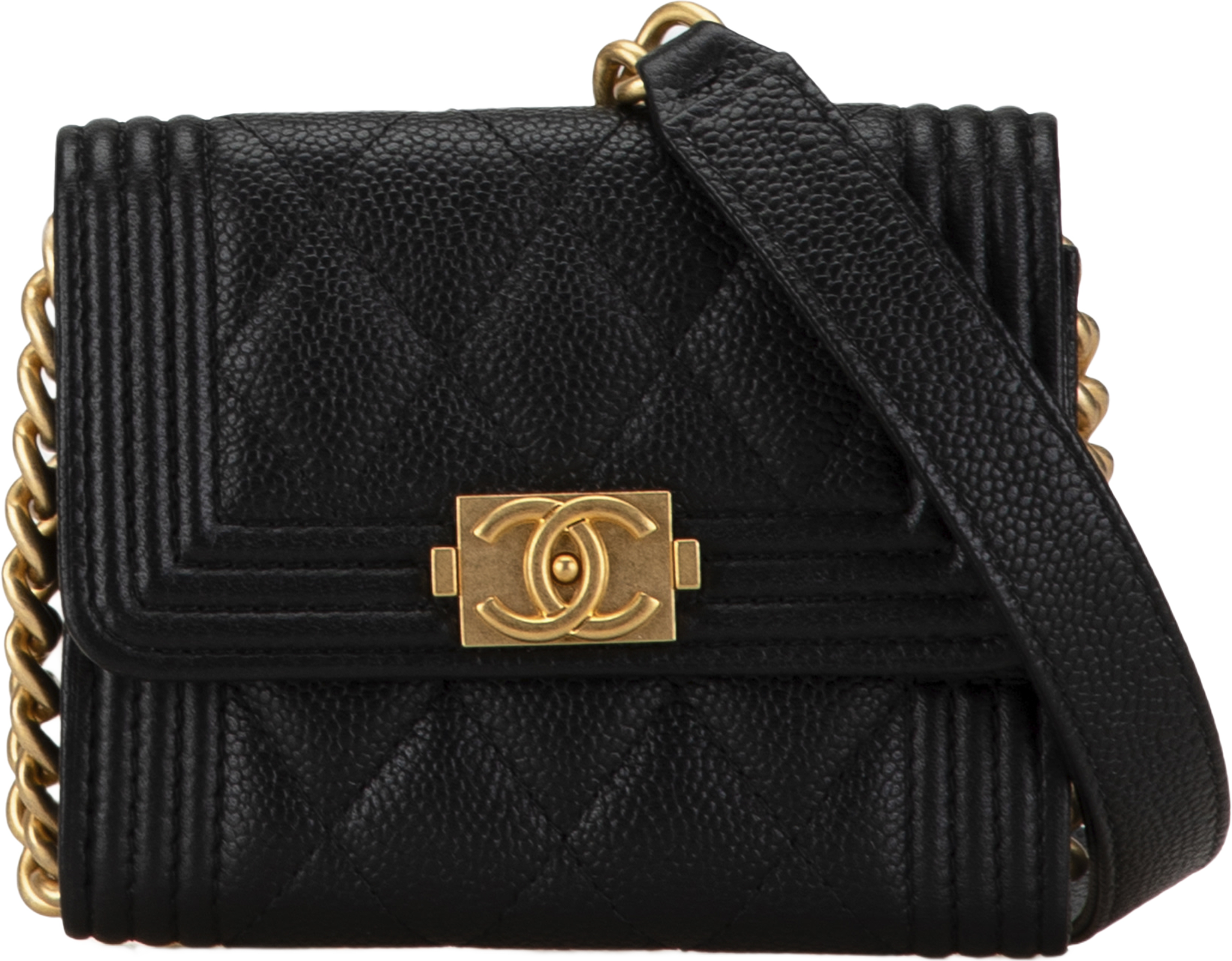 Chanel Quilted Caviar Boy Card Holder With Chain