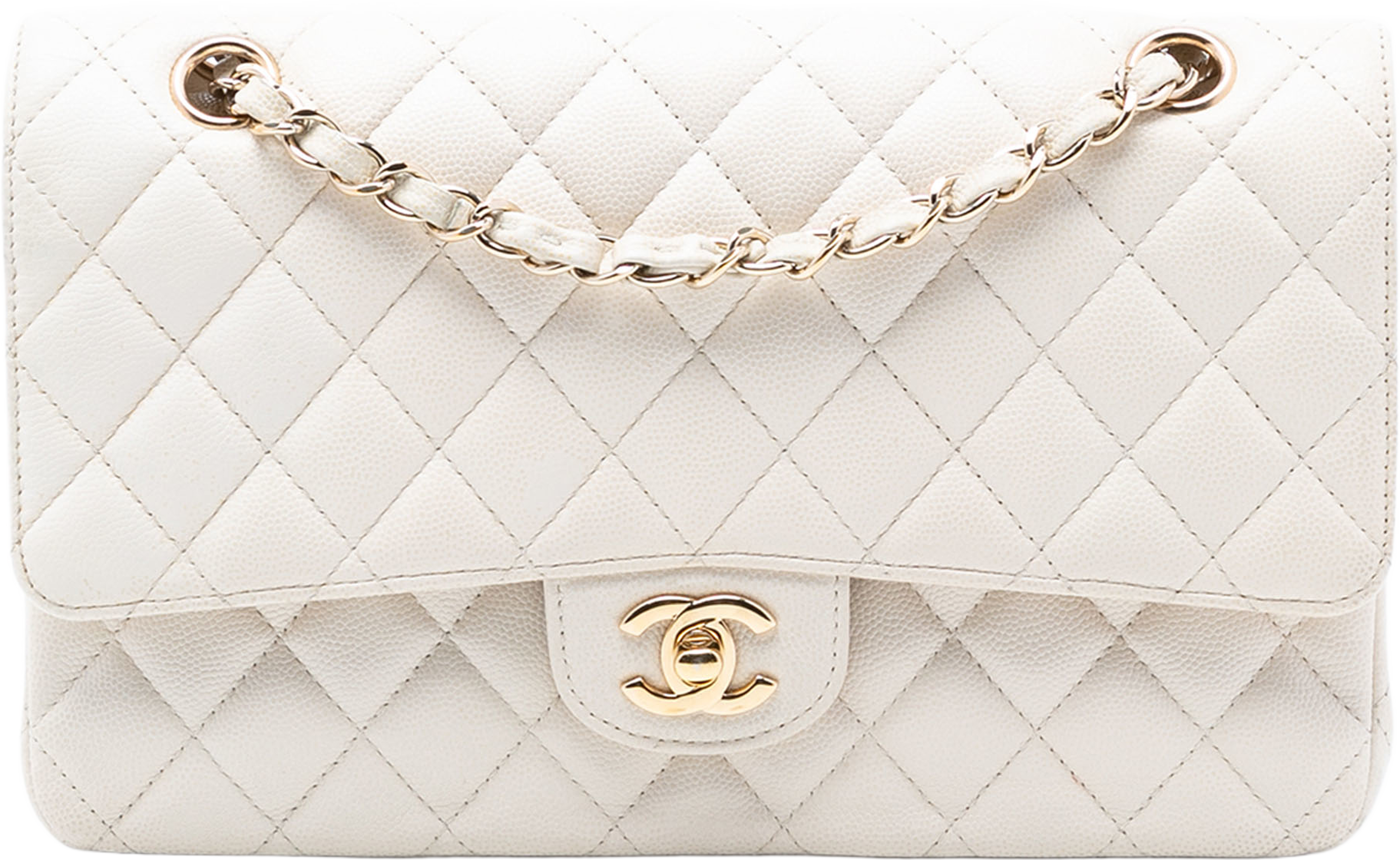 Chanel Medium Classic Caviar Double Flap, från Luxclusif, i färgen ivory. Klicka för att öppna bilden i stort format