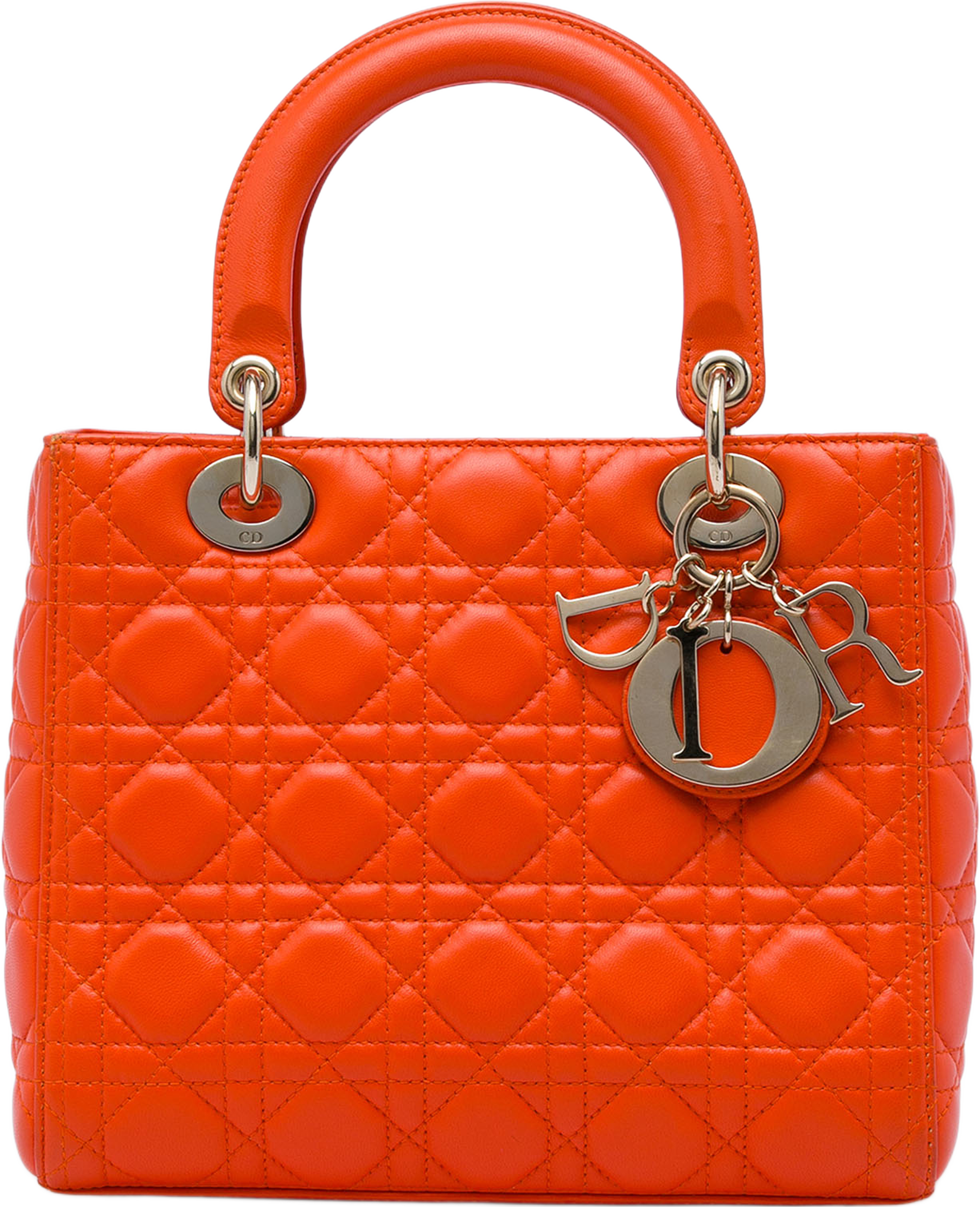 Dior Medium Lambskin Cannage Lady Dior, från Luxclusif, i färgen orange. Klicka för att öppna bilden i stort format