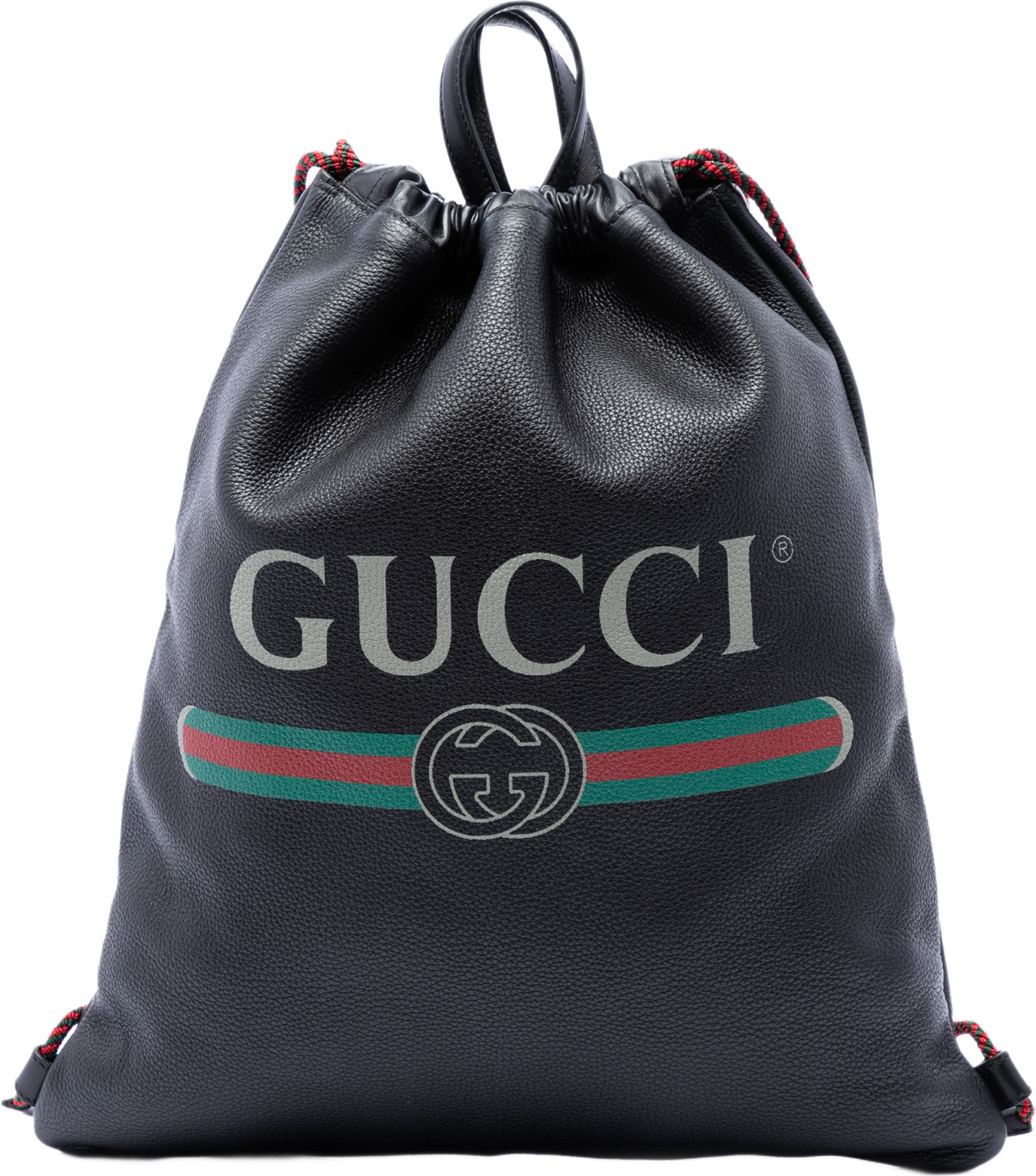 Gucci Grained Calfskin Web Logo Drawstring Backpack, från Luxclusif, i färgen svart. Klicka för att öppna bilden i stort format