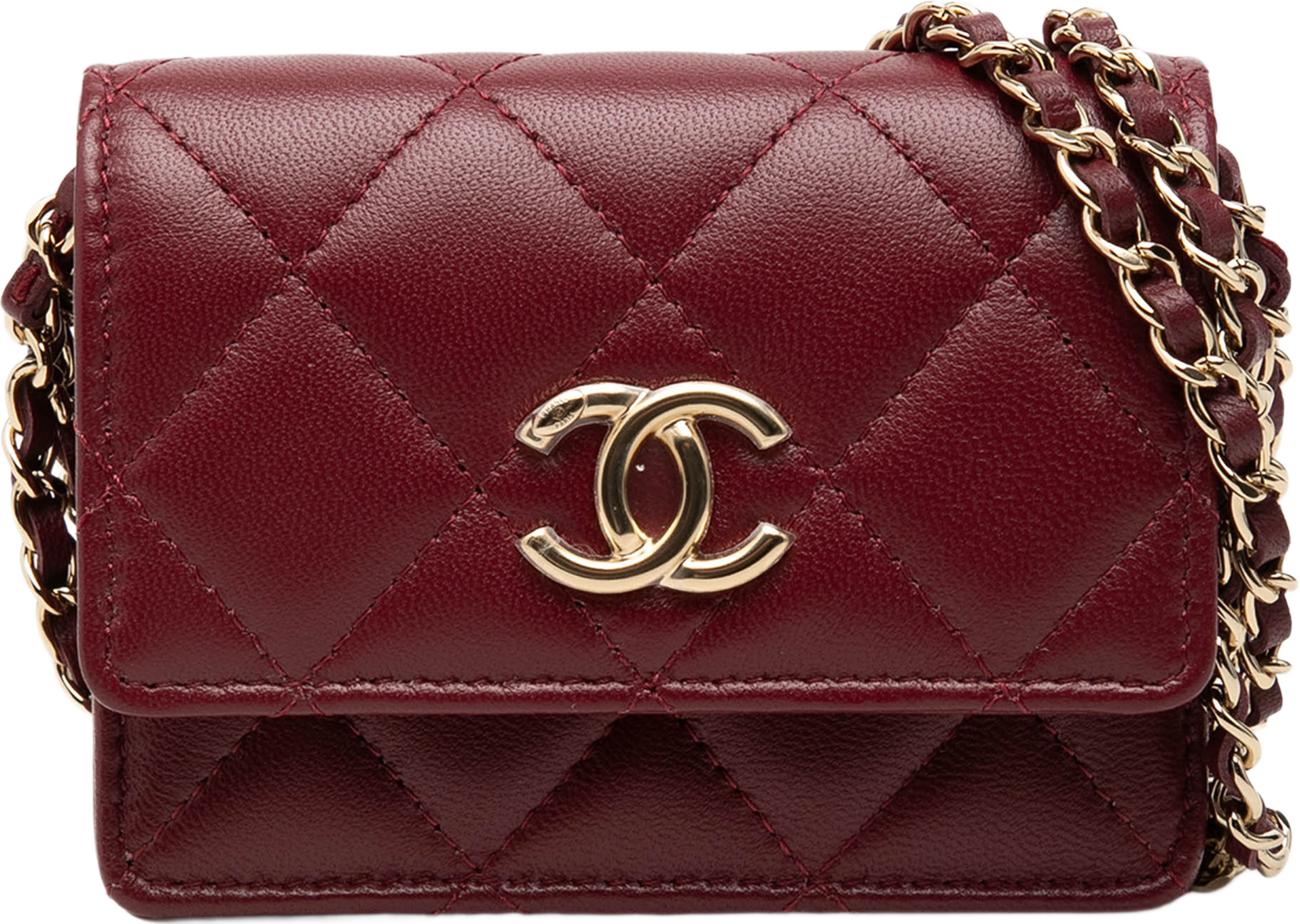 Chanel Cc Quilted Lambskin Card Holder On Chain, från Luxclusif, i färgen burgundy. Klicka för att öppna bilden i stort format
