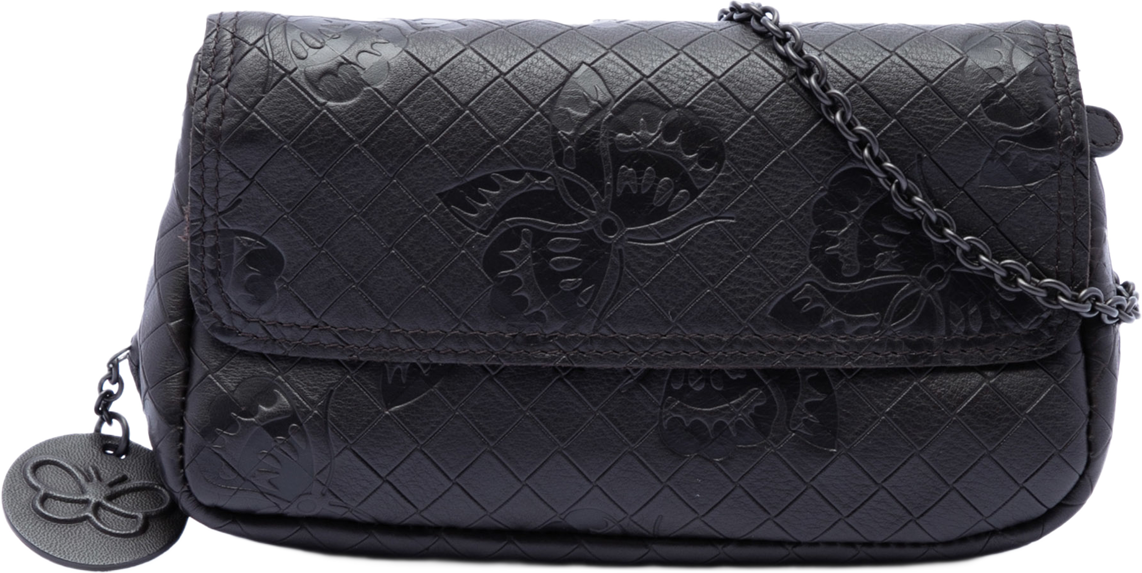 Bottega Veneta Small Calfskin Intrecciomirage Embossed Butterfly Chain Crossbody, från Luxclusif, i färgen svart. Klicka för att öppna bilden i stort format