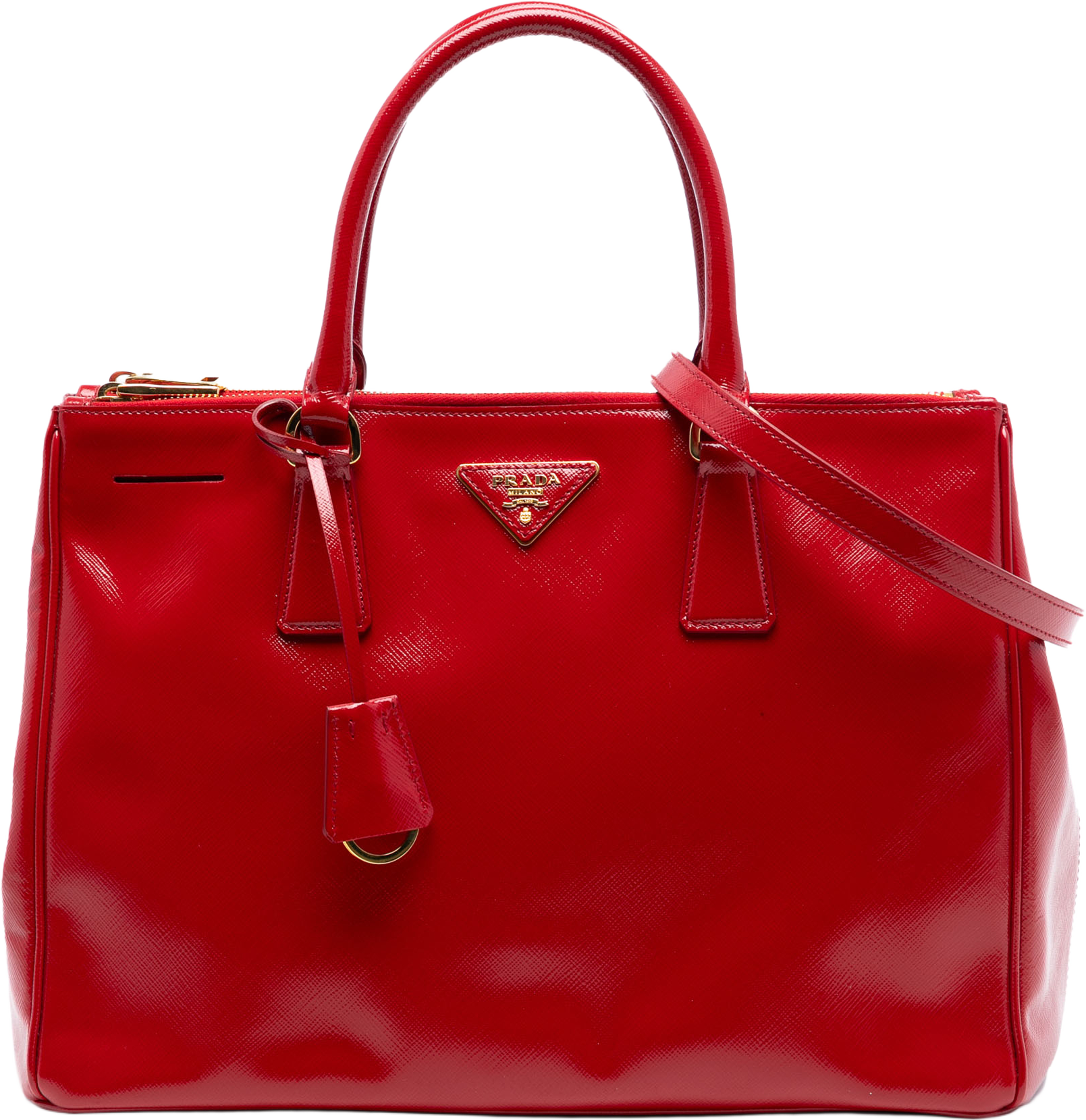Prada Medium Saffiano Vernice Galleria Double Zip Satchel, från Luxclusif, i färgen red. Klicka för att öppna bilden i stort format