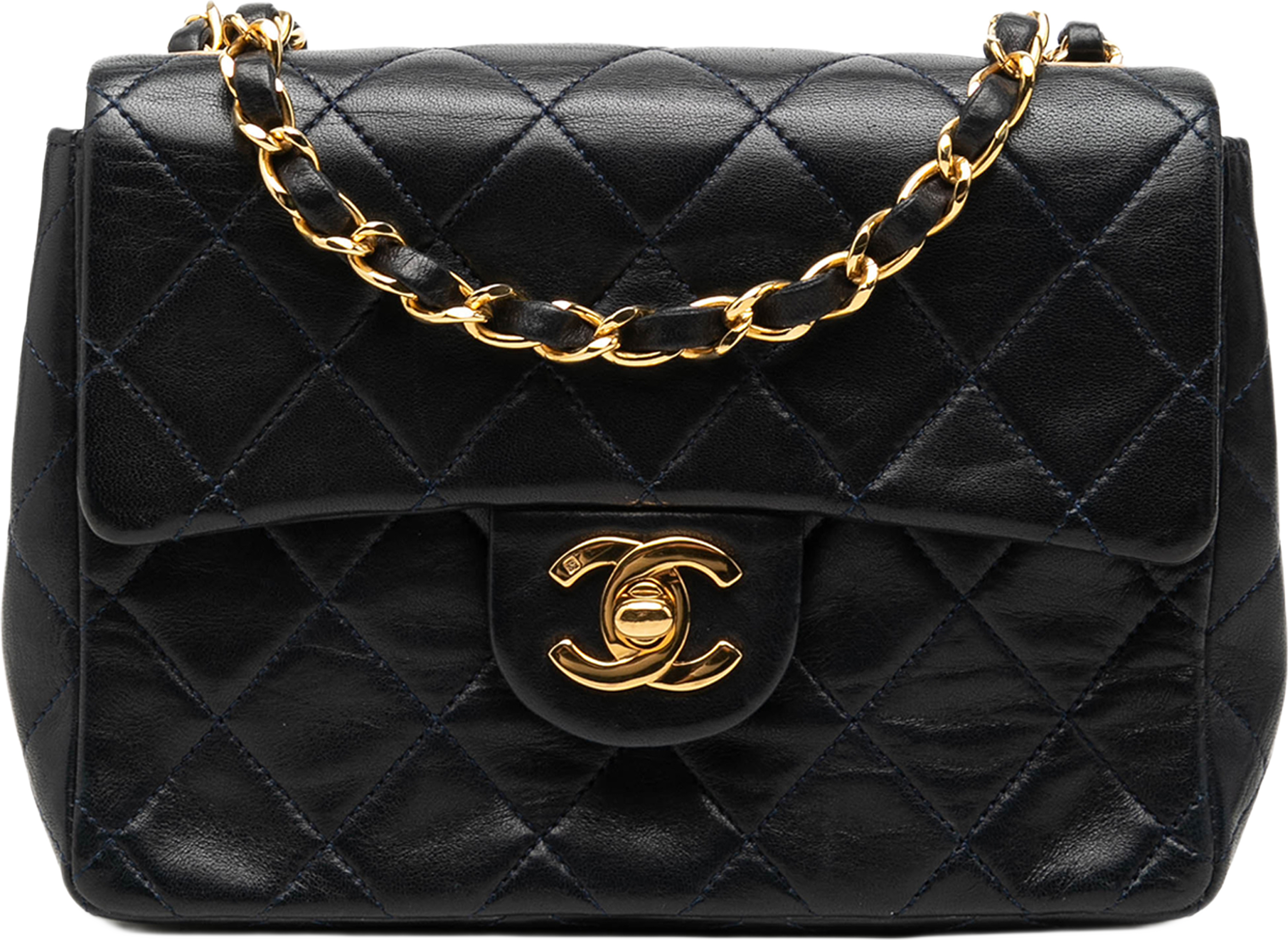 Chanel Mini Square Classic Lambskin Single Flap, från Luxclusif, i färgen svart. Klicka för att öppna bilden i stort format