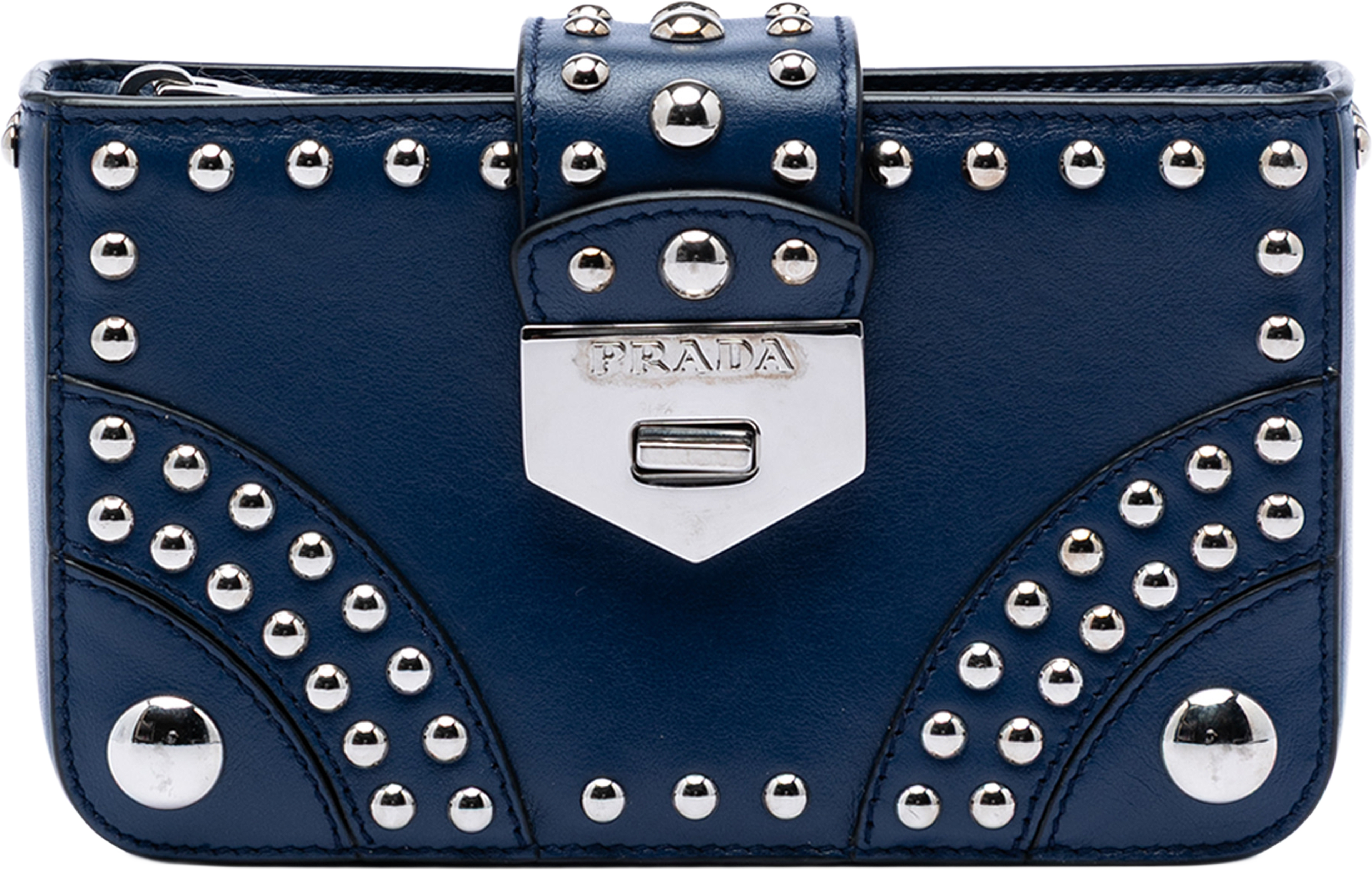 Prada City Calfskin Studded Elektra Turn Lock Clutch, från Luxclusif, i färgen dark blue. Klicka för att öppna bilden i stort format