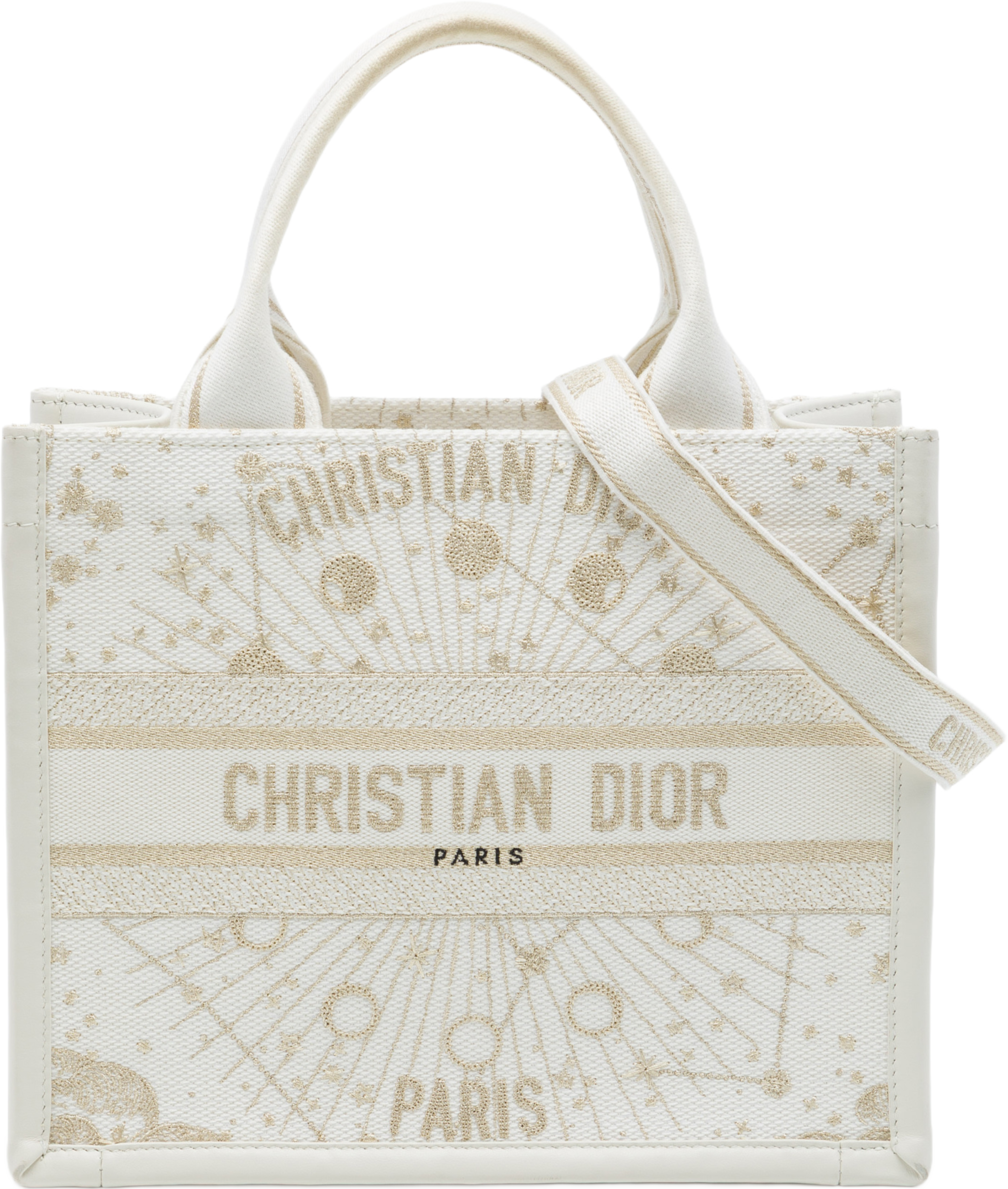 Dior Small Embroidered Canvas Gold Star Book Tote, från Luxclusif, i färgen vit. Klicka för att öppna bilden i stort format