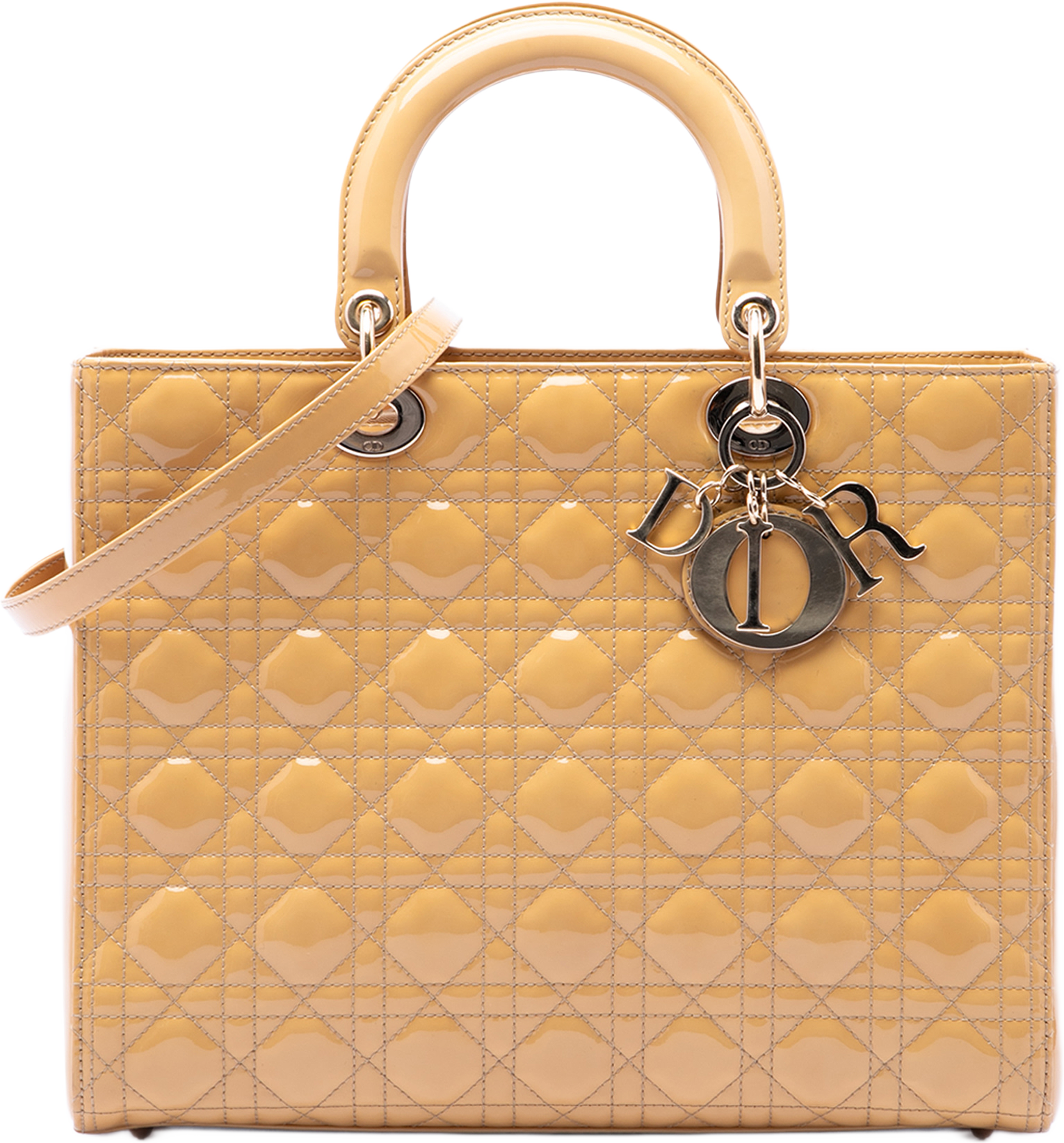 Dior Large Patent Cannage Lady Dior, från Luxclusif, i färgen beige. Klicka för att öppna bilden i stort format