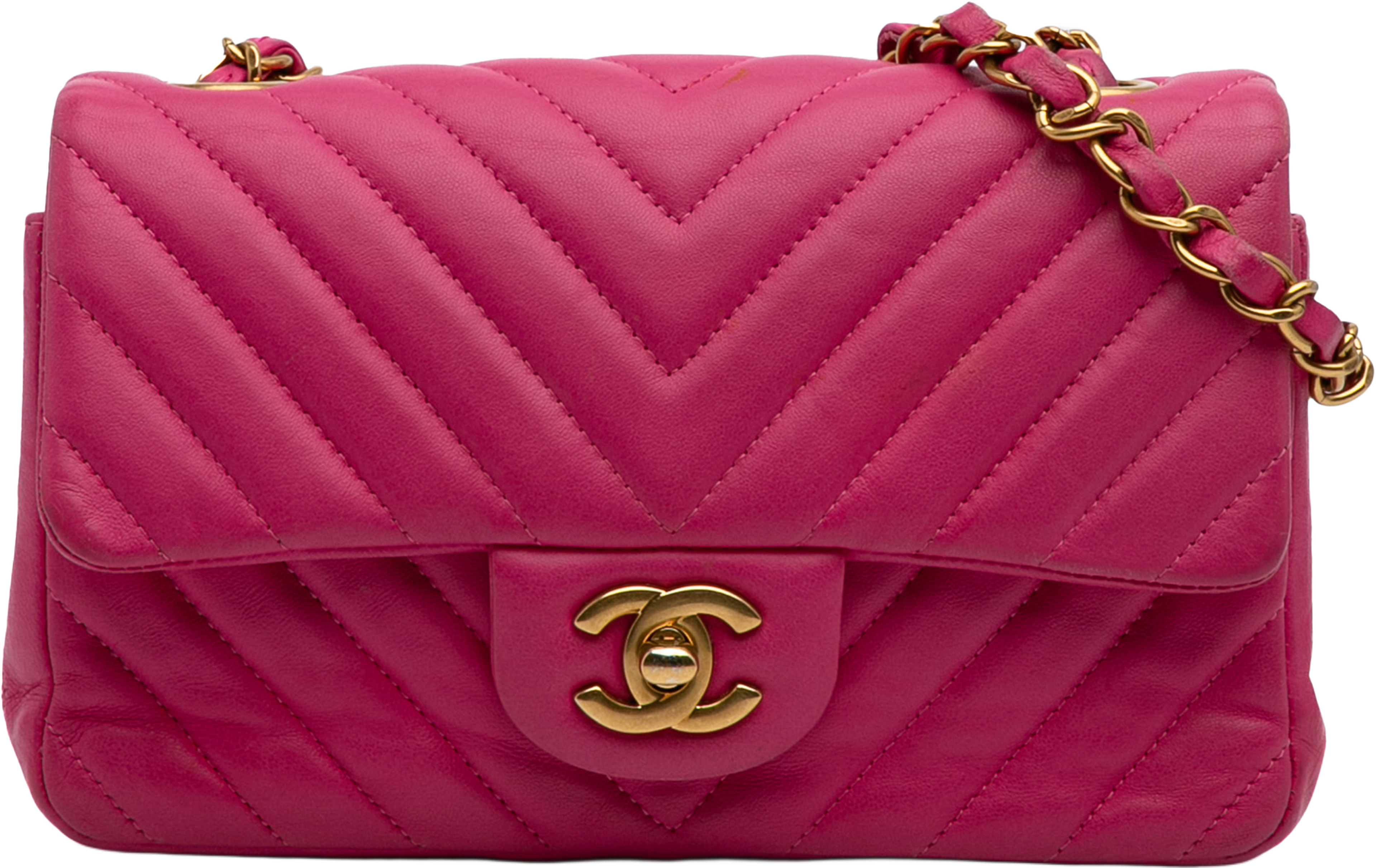 Chanel Mini Rectangular Classic Chevron Lambskin Single Flap, från Luxclusif, i färgen hot pink. Klicka för att öppna bilden i stort format