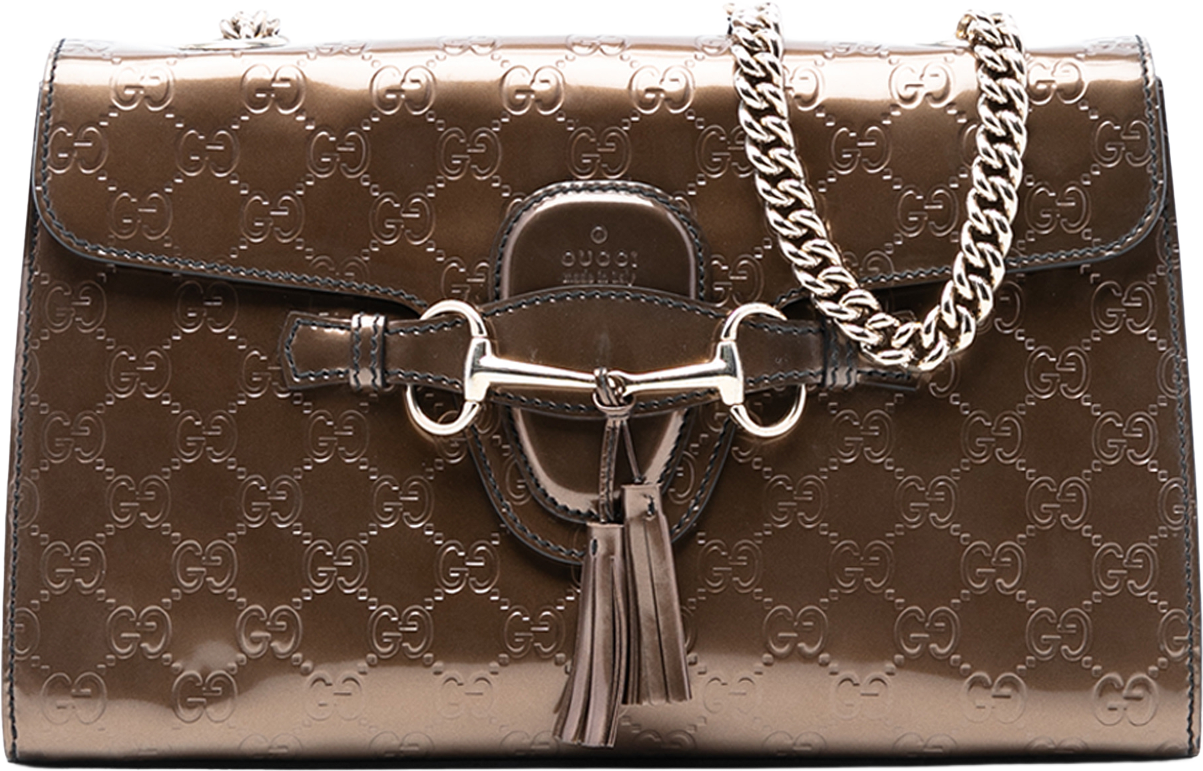 Gucci Medium Patent Guccissima Emily Shoulder Bag, från Luxclusif, i färgen bronze. Klicka för att öppna bilden i stort format