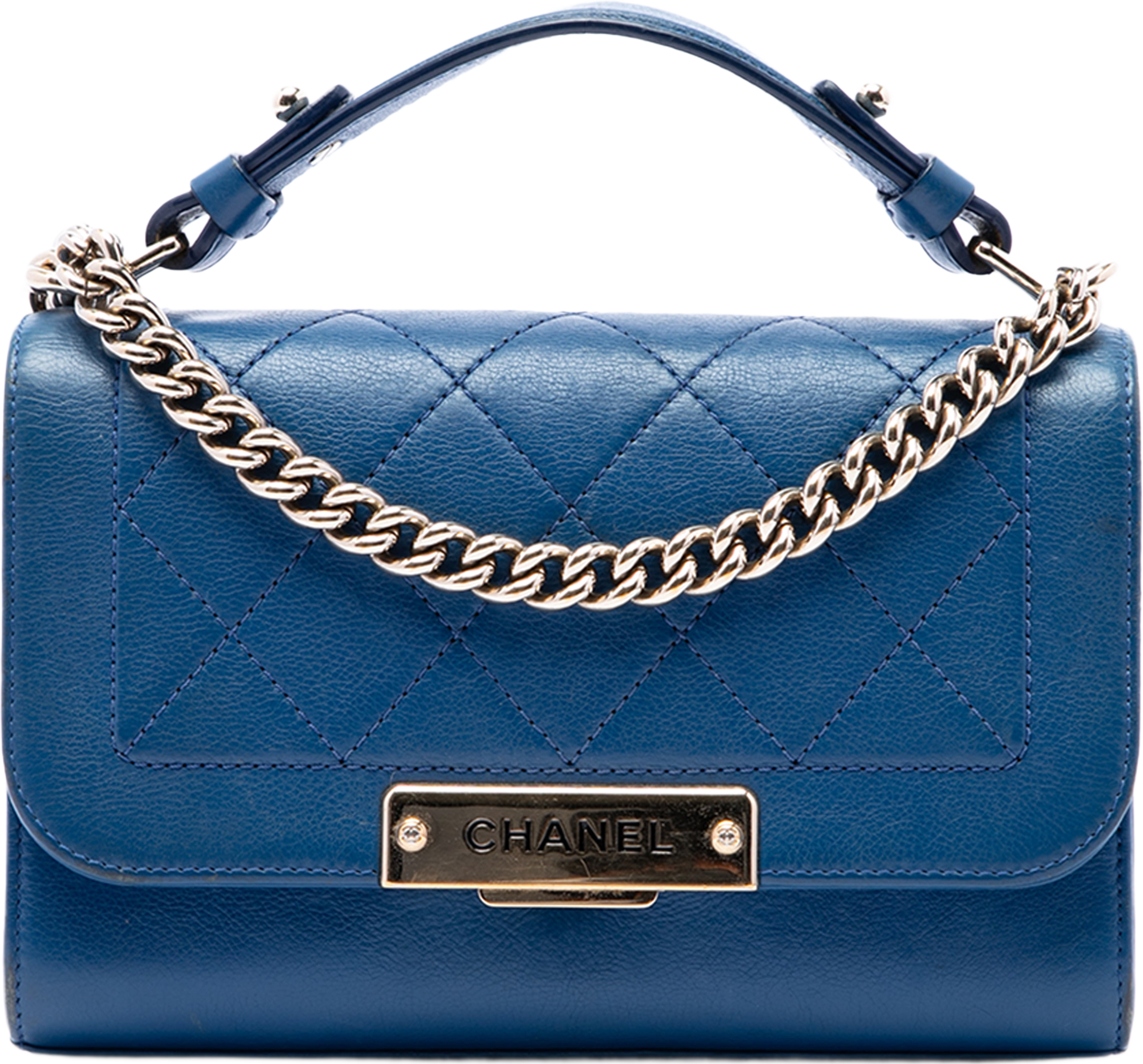 Chanel Small Quilted Grained Calfskin Label Click Flap, från Luxclusif, i färgen blå. Klicka för att öppna bilden i stort format