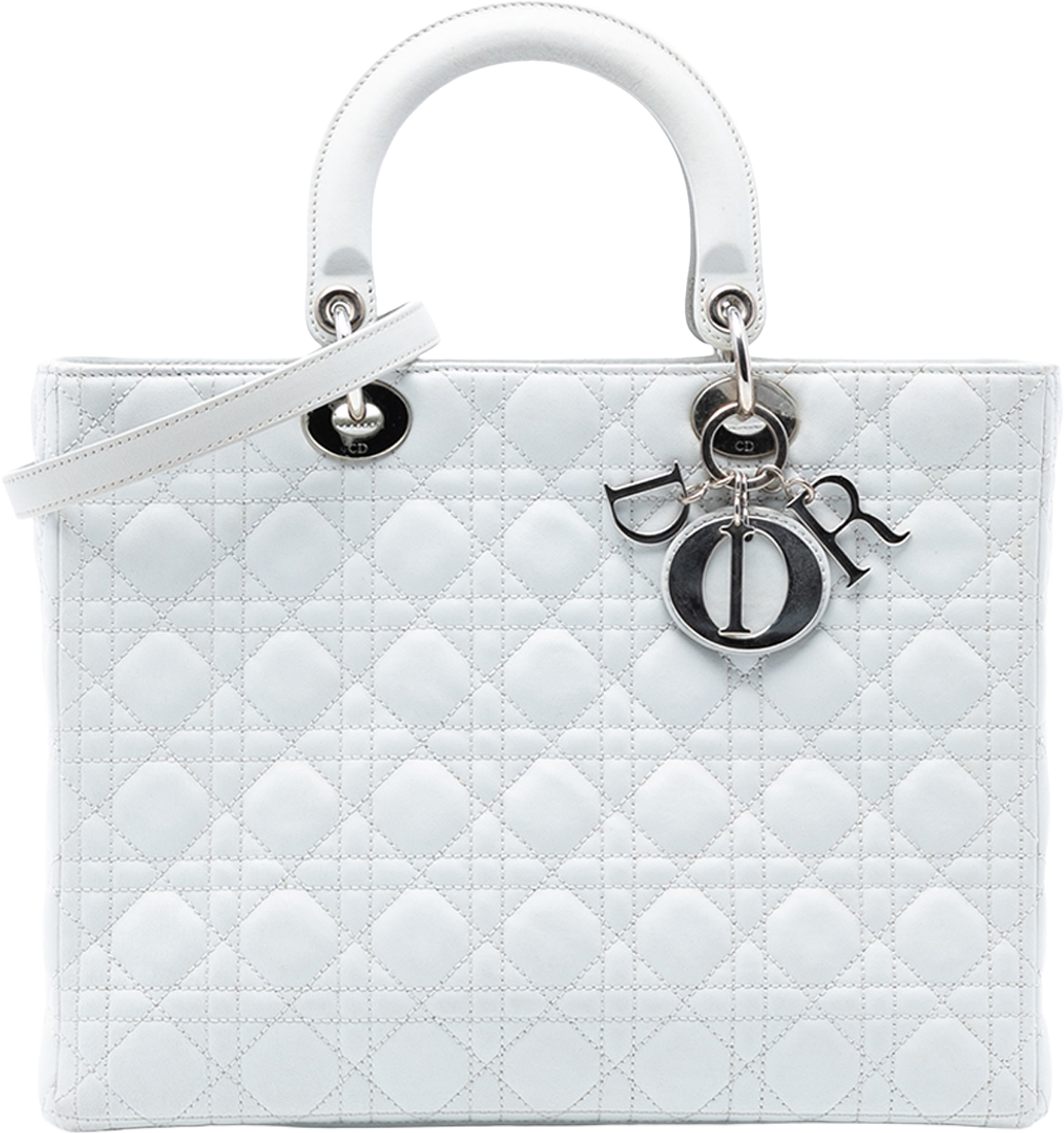 Dior Large Lambskin Cannage Lady Dior, från Luxclusif, i färgen white. Klicka för att öppna bilden i stort format